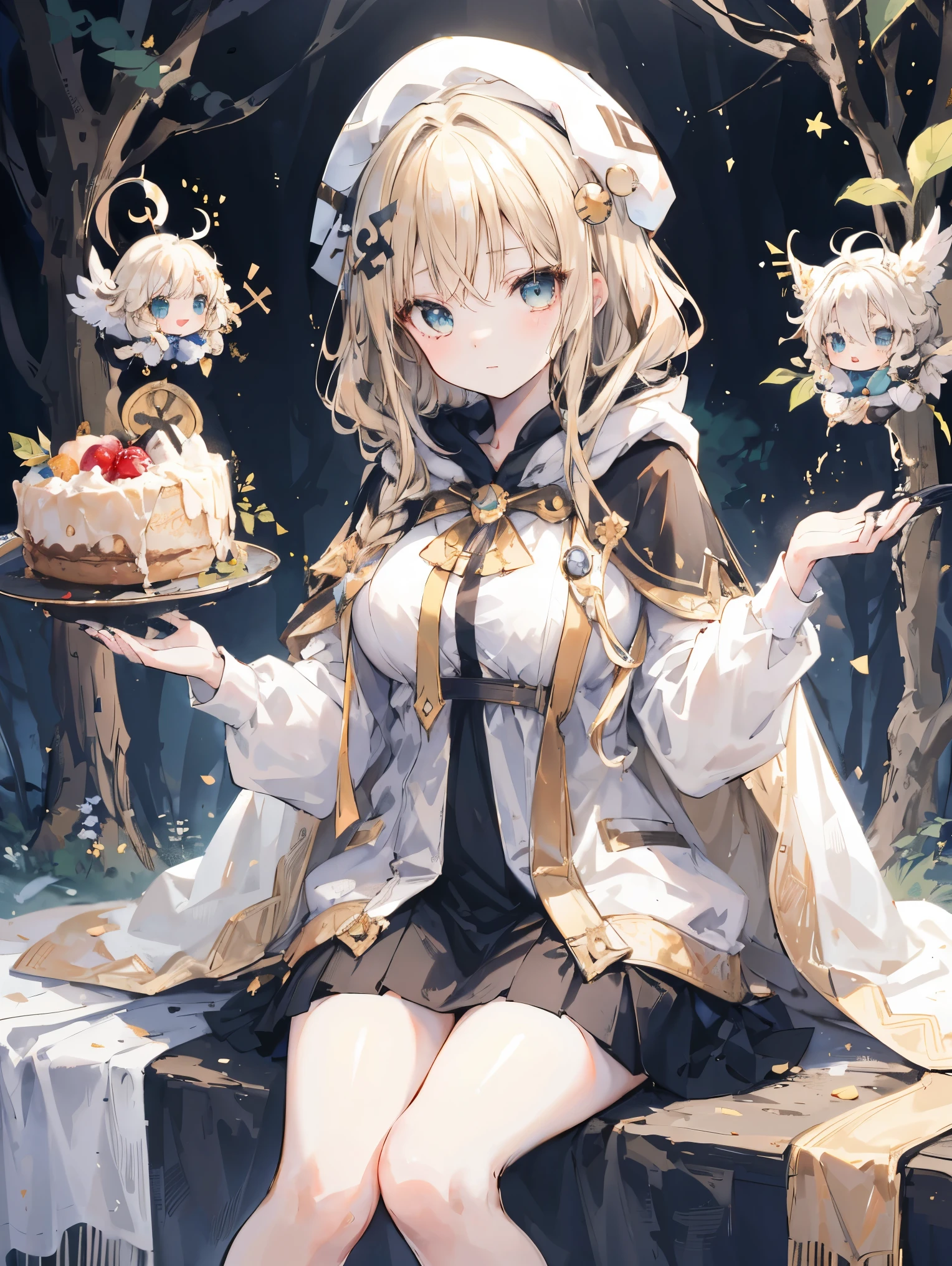 masterpiece,1 girl, sparrow, blonde girl, Wearing a priestess uniform, Curly medium hair, messy hair, black skirt, Because I'm slender, He is wearing a white hoodie and a golden cape., big breasts, she closed her left eye, shirt decoration, pie, nice expression, beautiful breasts, round chest, aqua eye, dress, mini skirt, Sit in the forest, Ahoge, She wears a hoodie, white beret