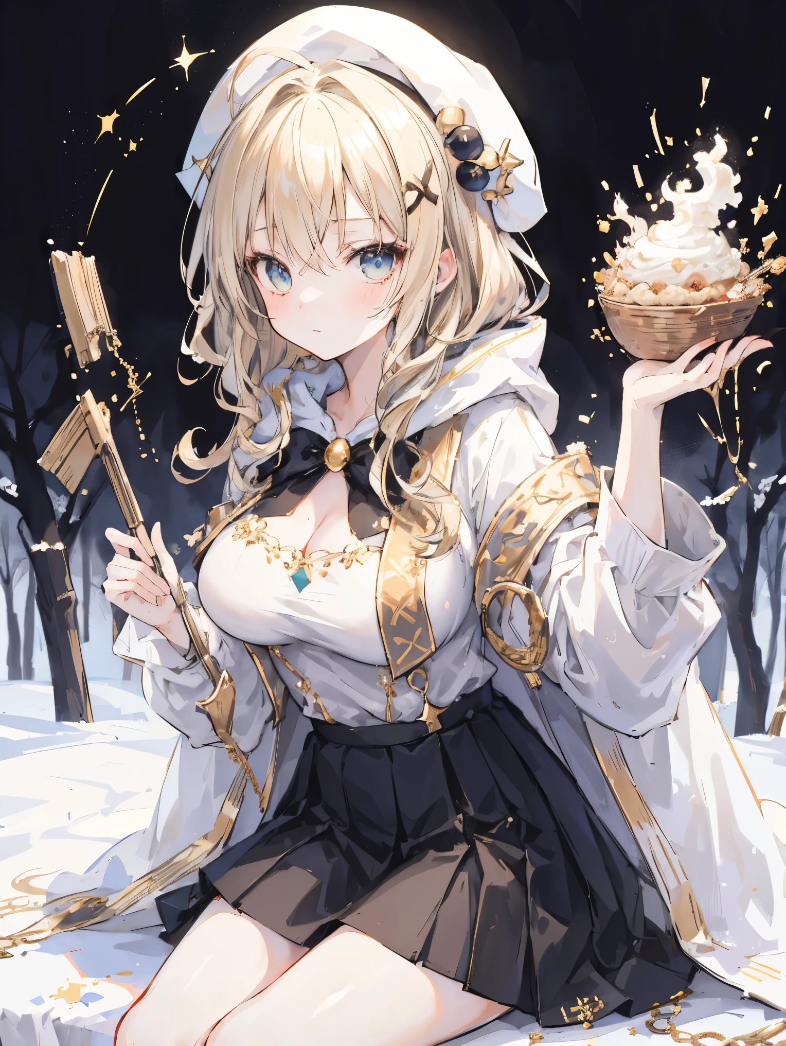 masterpiece,1 girl, sparrow, blonde girl, Wearing a priestess uniform, Curly medium hair, messy hair, black skirt, Because I&#39;m slender, He is wearing a white hoodie and a golden cape., big breasts, she closed her left eye, shirt decoration,  pie, nice expression, beautiful breasts, round chest, aqua eye, dress, mini skirt, Sit in the forest, Ahoge, She wears a hoodie, white beret