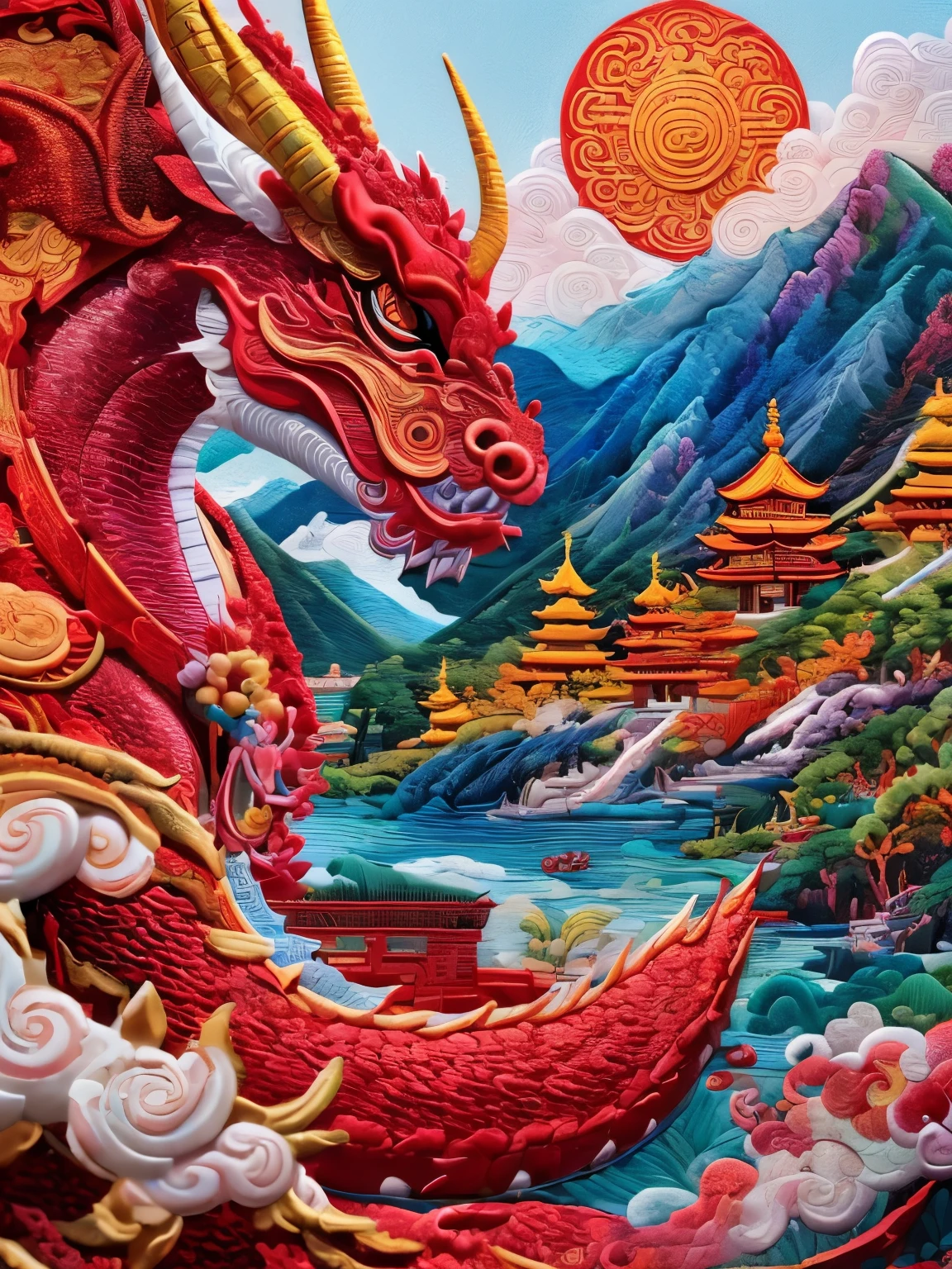 (Year of the Dragon mascot:1.3),Mountain and Sea Sutra,big dragon,Get scales in detail,Complete claws,Chinese style,Colorful auspicious clouds,CNY,Red tones,splendid,luxury,Embroidery style,Celebrating the Year of the Dragon,Hasselblad camera, hyper – realistic, Intricate fine details, UHD, HDRI,masterpiece,8K,high detailed,