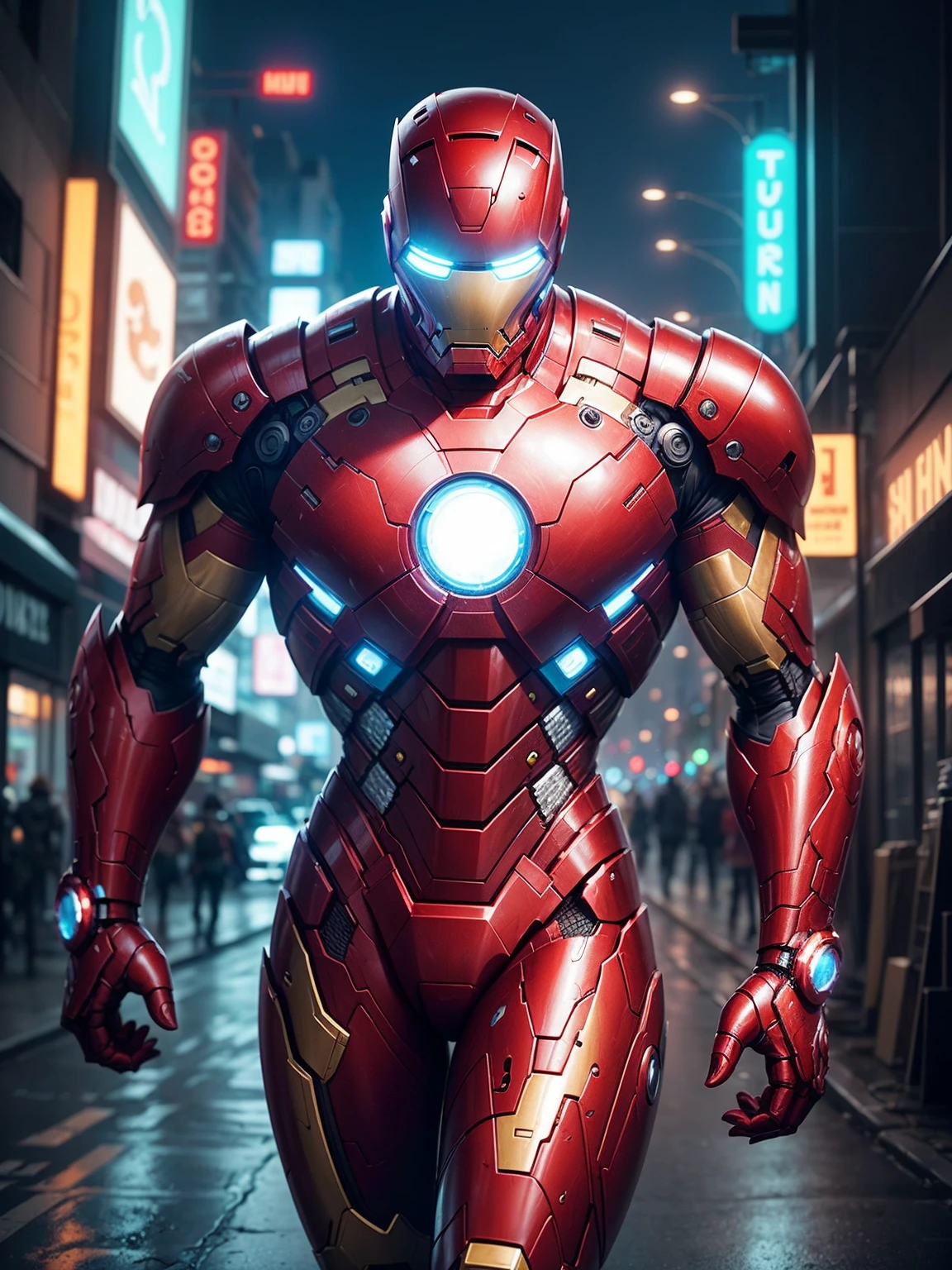 Imagine Iron Man reimagined in a cyberpunk setting. Picture him in a cutting-edge cybernetic suit, sleek and adorned with neon accents. The armor has a futuristic, angular design, featuring integrated circuit patterns and holographic displays. Glowing lines trace the contours of the suit, emphasizing its high-tech nature. The classic red and gold color scheme is retained, but with a metallic sheen that reflects the neon lights of a cyberpunk city. Tony Stark's iconic helmet has a streamlined, augmented reality visor, adding a cyberpunk twist to the legendary Iron Man.
