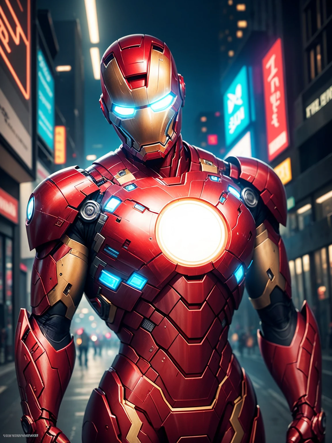 Imagine Iron Man reimagined in a cyberpunk setting. Picture him in a cutting-edge cybernetic suit, sleek and adorned with neon accents. The armor has a futuristic, angular design, featuring integrated circuit patterns and holographic displays. Glowing lines trace the contours of the suit, emphasizing its high-tech nature. The classic red and gold color scheme is retained, but with a metallic sheen that reflects the neon lights of a cyberpunk city. Tony Stark's iconic helmet has a streamlined, augmented reality visor, adding a cyberpunk twist to the legendary Iron Man.