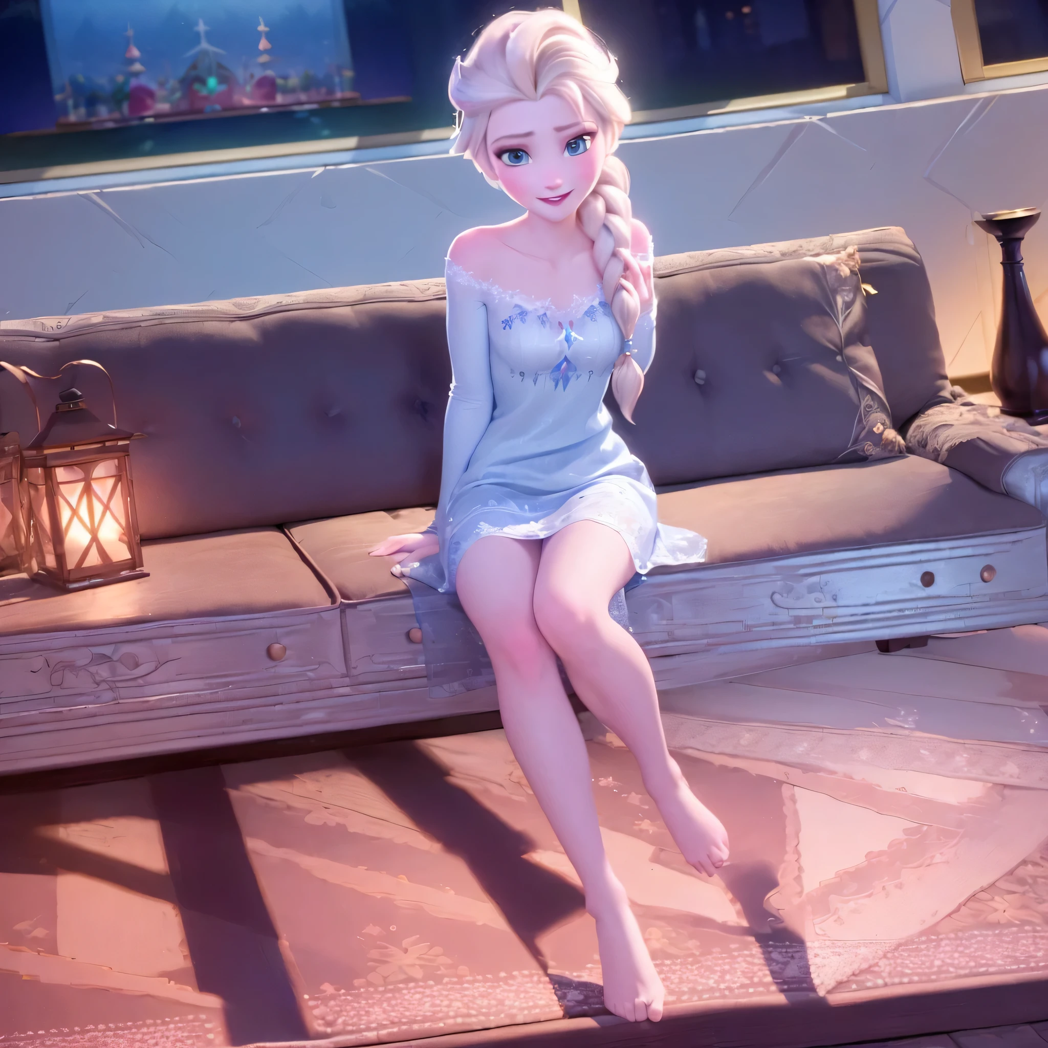 (masterpiece:1.4), (best qualit:1.4), (high resolution:1.4), elsa of arendelle, bedroom, lingerie, one raised eyebrow, legs, blushing, head tilt, cutebarefoot, 5 toes, blue toe nails, Focus full body, sitting on a chair, tied ankles together,tied arms, 