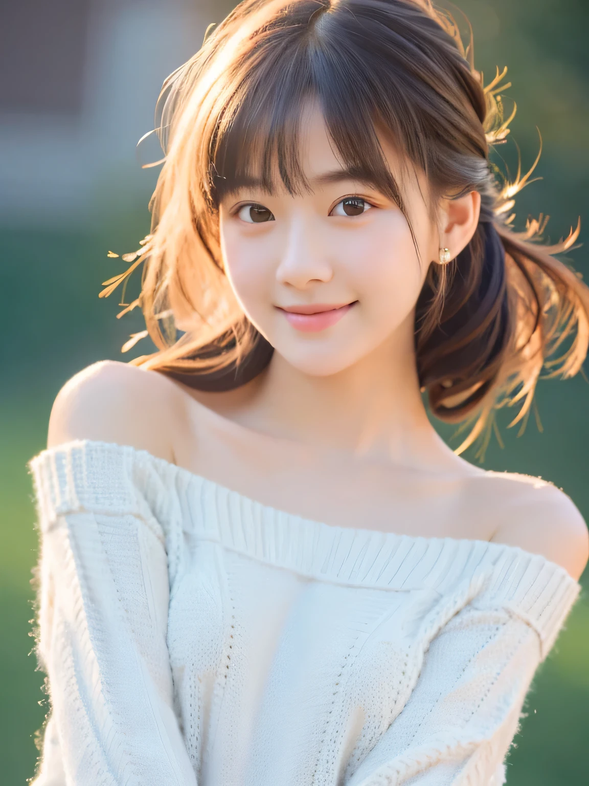masterpiece, highest quality, RAW photo, realistic, smile, beautiful girl, cute, delicate girl, hair up, written boundary depth, High resolution, Super detailed, detailed, 非常にdetailedな目と顔, realistic student, sharp focus, cinematic lighting, Upper body, bangs, knit sweater,