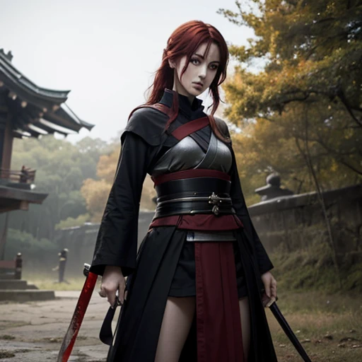 Susan coffey vestida de samurai, tiene el cabello rojo intenzo largo, una espada larga roja y negra en la mano. Un sombra a su lado y sangre a sus pies, salvaje, retadora, magic. Preparada para la guerra, comandante, guerrera, seria,