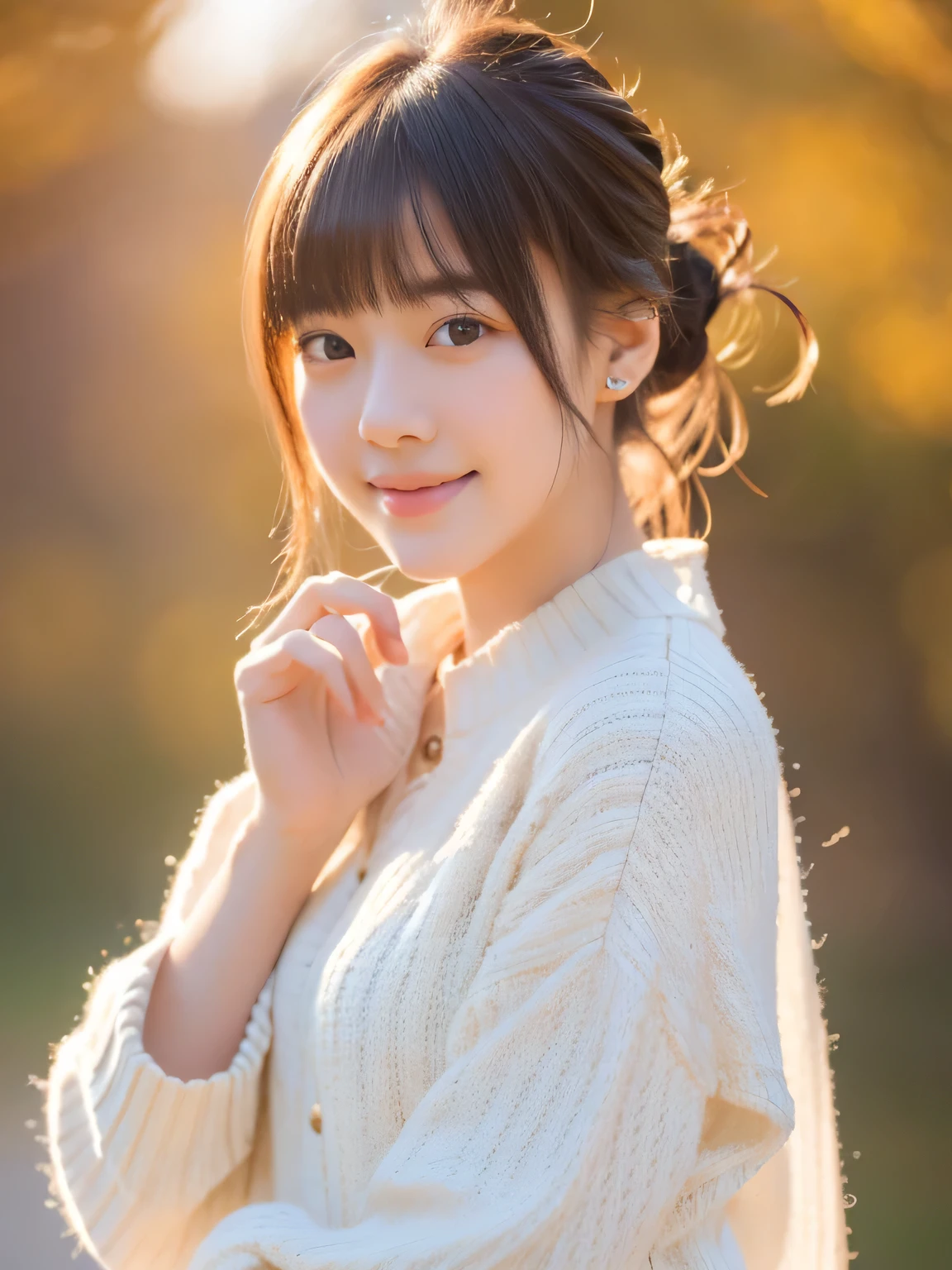 masterpiece, highest quality, RAW photo, realistic, smile, beautiful girl, cute, delicate girl, hair up, written boundary depth, High resolution, Super detailed, detailed, 非常にdetailedな目と顔, realistic student, sharp focus, cinematic lighting, Upper body, bangs, knit sweater,
