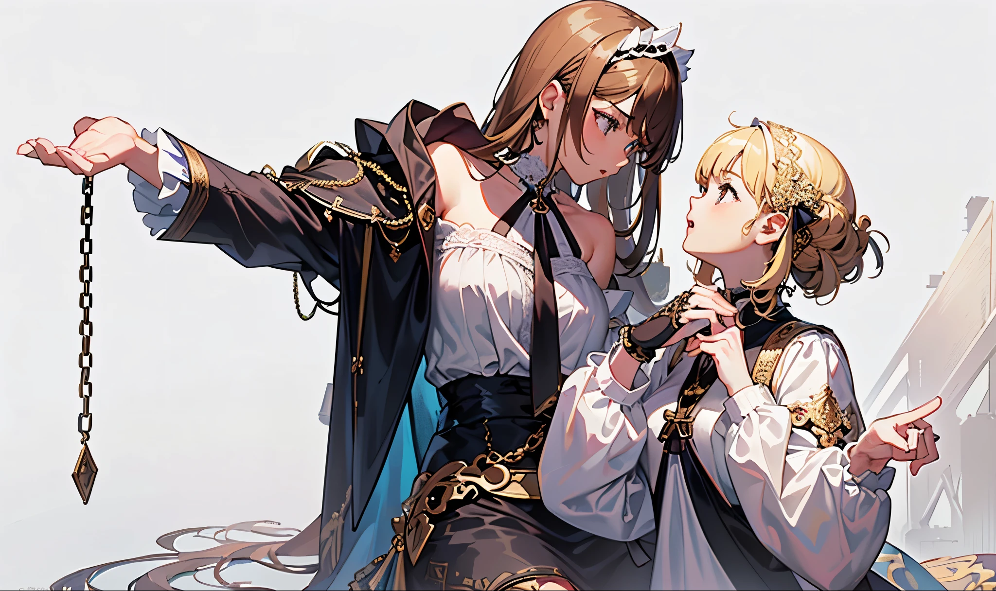 (masterpiece:1.2, best quality), (intricate details, depth of field), (2girls:1.7), highly-detailed, perfect face, (skindentation), (hand supporting waist:1.2), zerochan art, top pixiv art, chain on neck, (looking at another:1.4)