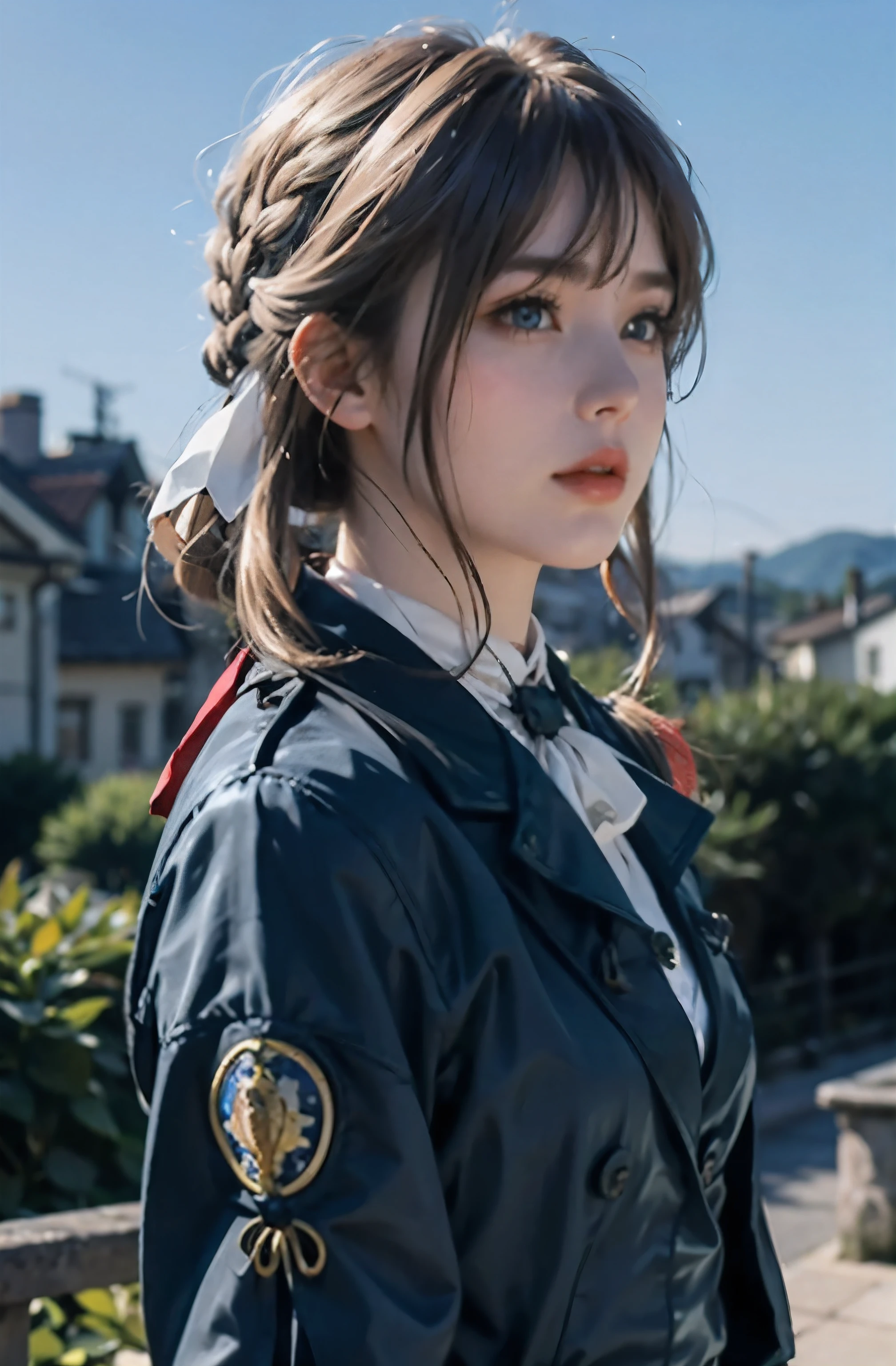 purple, 1 girl, alone, looking at the audience, blue eyes, blonde hair, ribbon, hair between eyes, jewelry, close your mouth, jacket, hair ribbon, Upper body, braid, outdoor, Sky空, Sky, cloud, vague, red ribbon, blue Sky空, ascot, vague background, hair intake, blue jacket, brooch, white ascot, masterpiece 