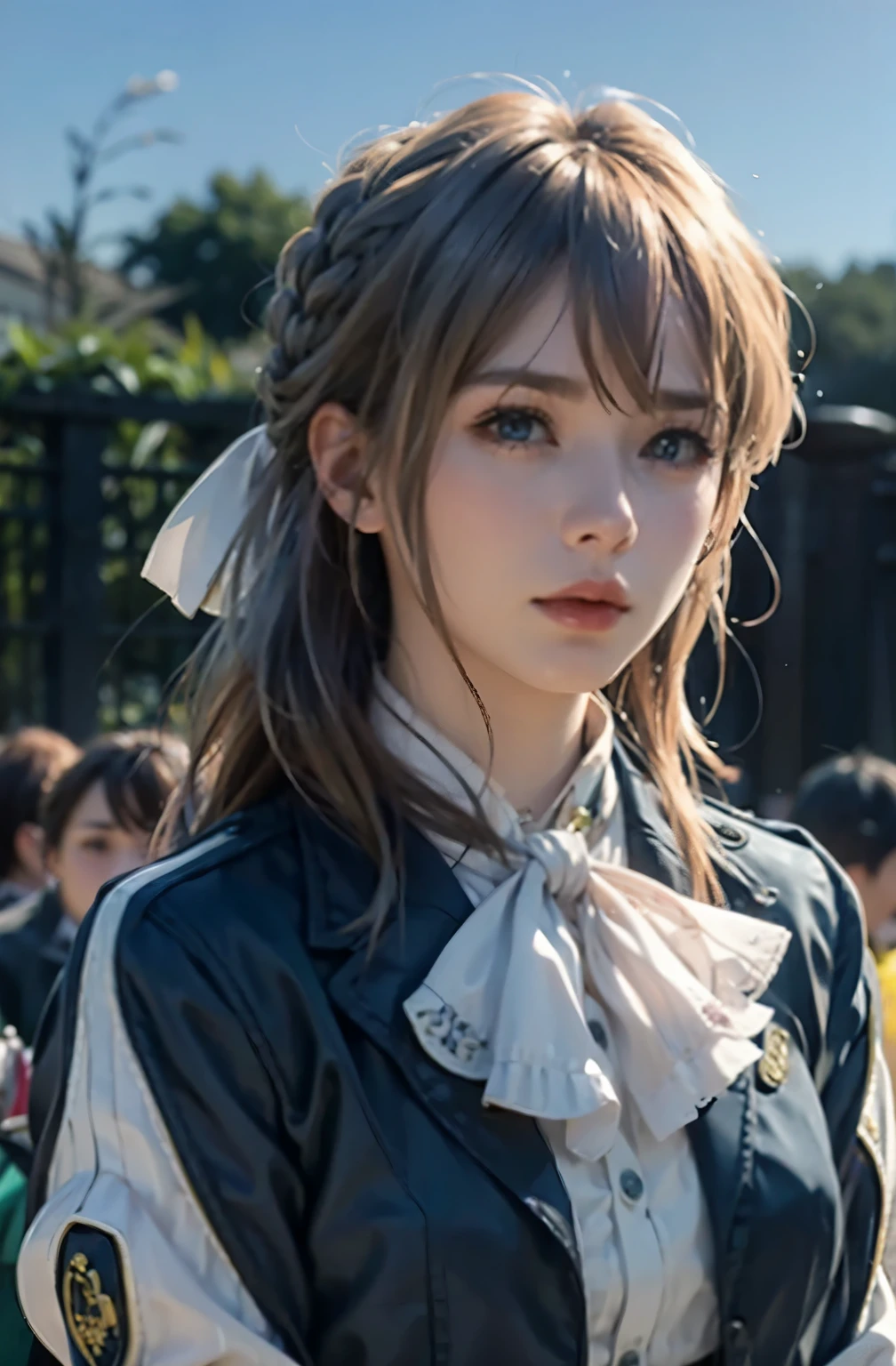 purple, 1 girl, alone, looking at the audience, blue eyes, blonde hair, ribbon, hair between eyes, jewelry, close your mouth, jacket, hair ribbon, Upper body, braid, outdoor, Sky空, Sky, cloud, vague, red ribbon, blue Sky空, ascot, vague background, hair intake, blue jacket, brooch, white ascot, masterpiece