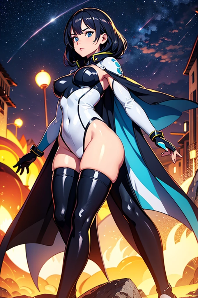 (best quality,4k,8k,highres,masterpiece:1.2),ultra-detailed,anime girl fantasy,sci-fi,space suit,big,front view,solo photo,thick hair,thick thighs,standing,thick legs,colorful,powerful lighting,deeper shadows,sharp focus,detailed facial features,sparkling eyes,stylish outfit,vibrant colors,background with celestial elements.