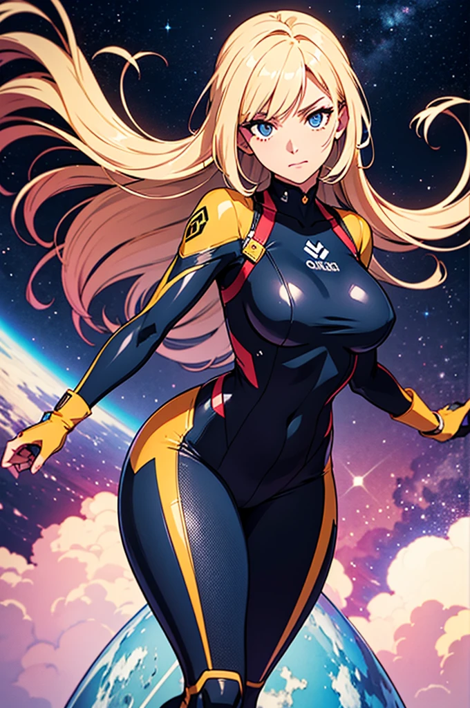 (best quality,4k,8k,highres,masterpiece:1.2),ultra-detailed,anime girl fantasy,sci-fi,space suit,big,front view,solo photo,thick hair,thick thighs,standing,thick legs,colorful,powerful lighting,deeper shadows,sharp focus,detailed facial features,sparkling eyes,stylish outfit,vibrant colors,background with celestial elements.