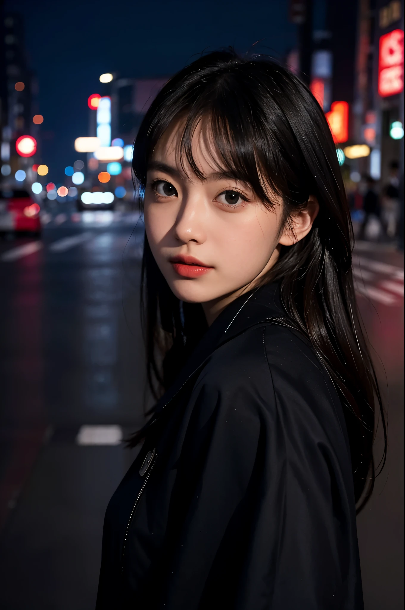 1 girl, Tokyo streets,night, city View,city lights, Upper body,close up, 8k, original photo, best quality, masterpiece,actual, photo-actual,