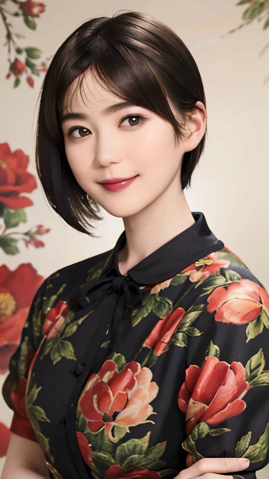 151
(20 year old woman,Floral clothing), (Super realistic), (high resolution), ((beautiful hairstyle 46)), ((short hair:1.46)), (gentle smile), (brest:1.1), (lipstick)
