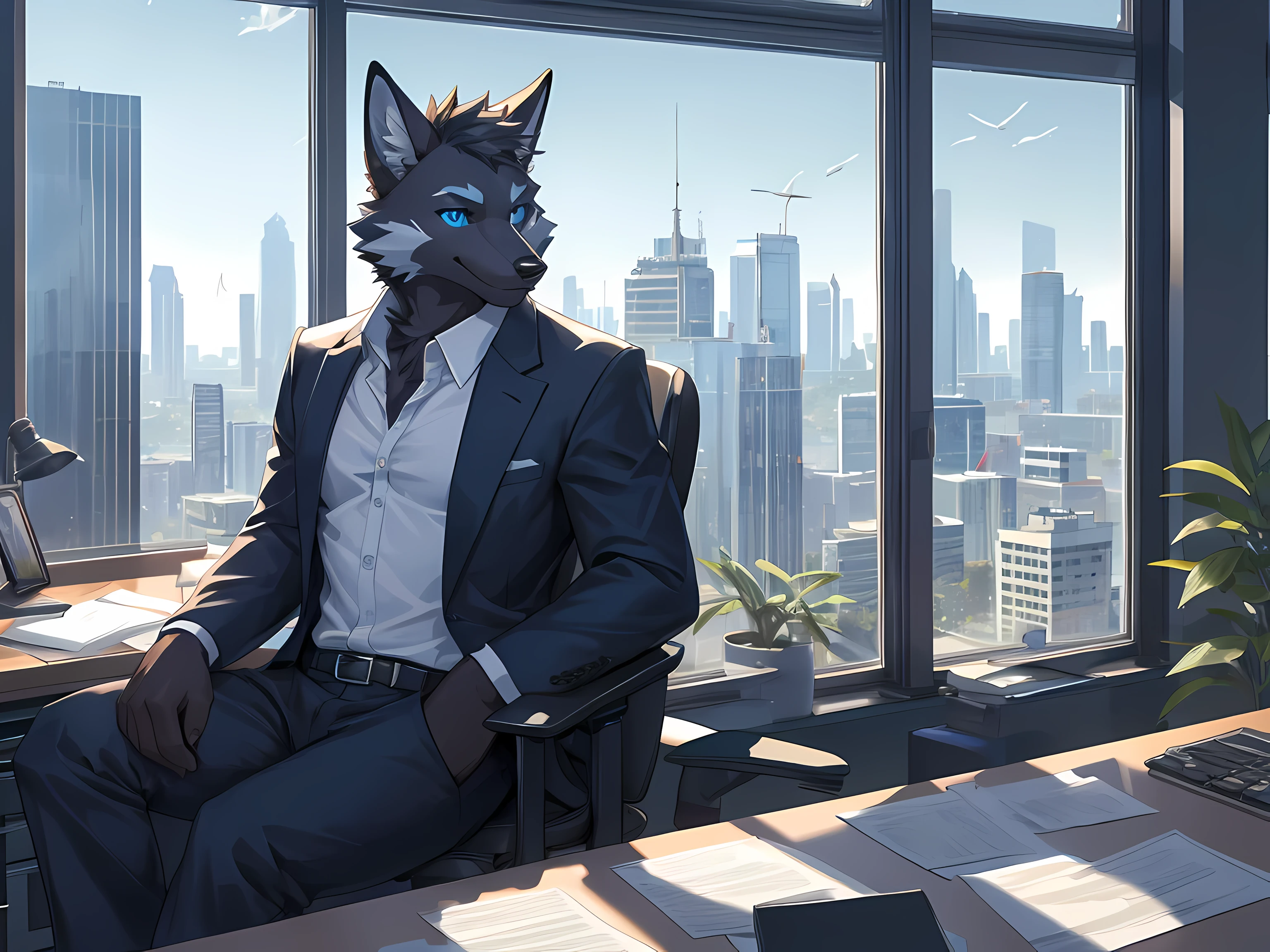 Furry,black fur fox,Male,neon blue eyes(Eye details 1.2),Those handsome faces,Wear office clothes,Take off your shirt.,Realistic anatomy,Sitting and working in a private office on a tall building.,sitting by the window,Look out the window.,Smiling faces,Maximum image detail,HDR,8K