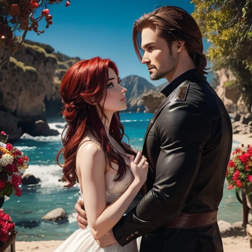 Susan coffey tiene el xabello largo color rojo y josh holloway tiene el cabello rubio muy largo, bailando, petalos caen del cielo, flores a sus pies, hojas de haya y gotas de rocio. Magia, romance,
