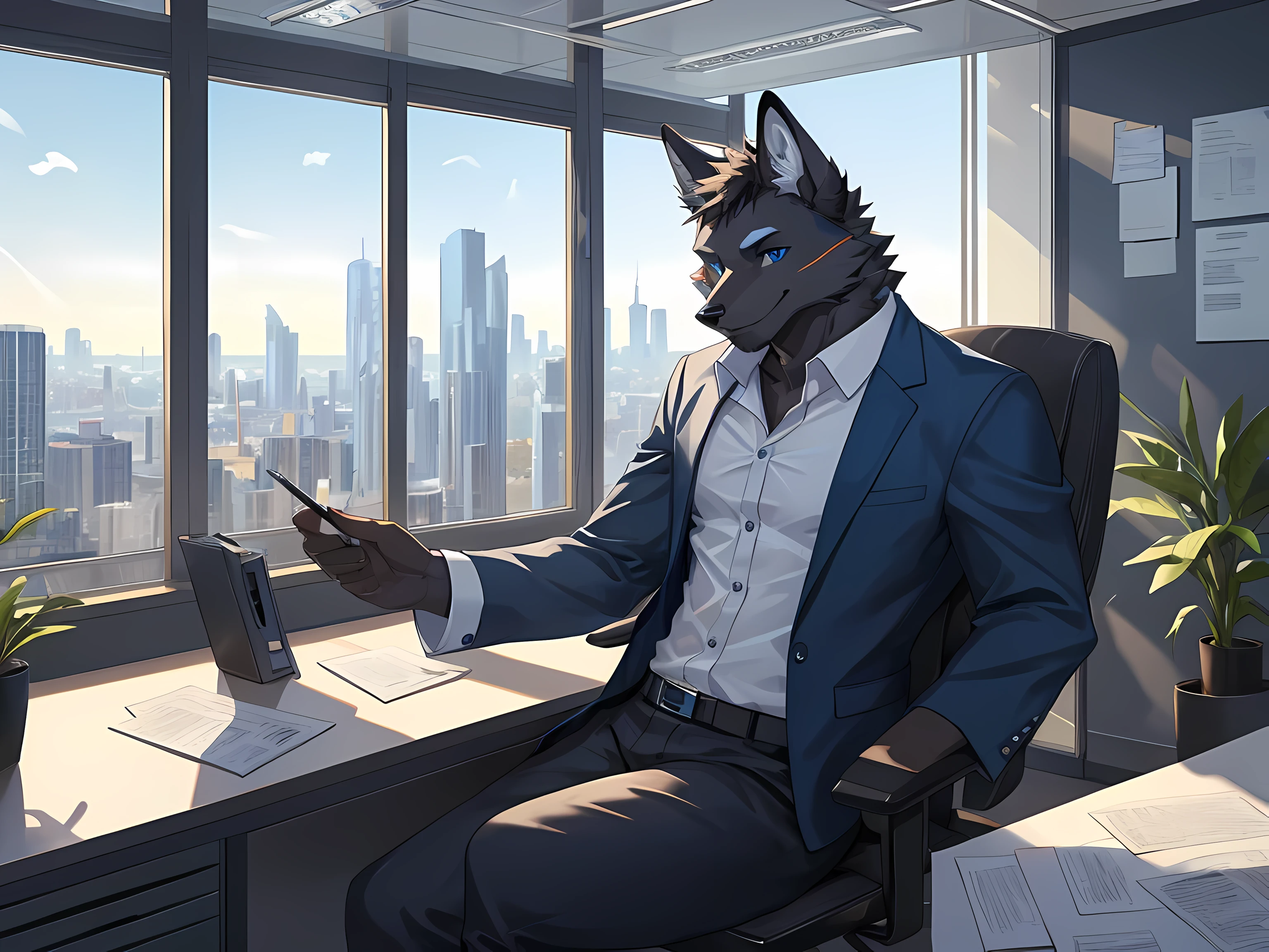 Furry,black fur fox,Male,neon blue eyes(Eye details 1.2),Those handsome faces,Wear office clothes,Take off your shirt.,Realistic anatomy,Sitting and working in a private office on a tall building.,sitting by the window,Look out the window.,Smiling faces,Maximum image detail,HDR,8K