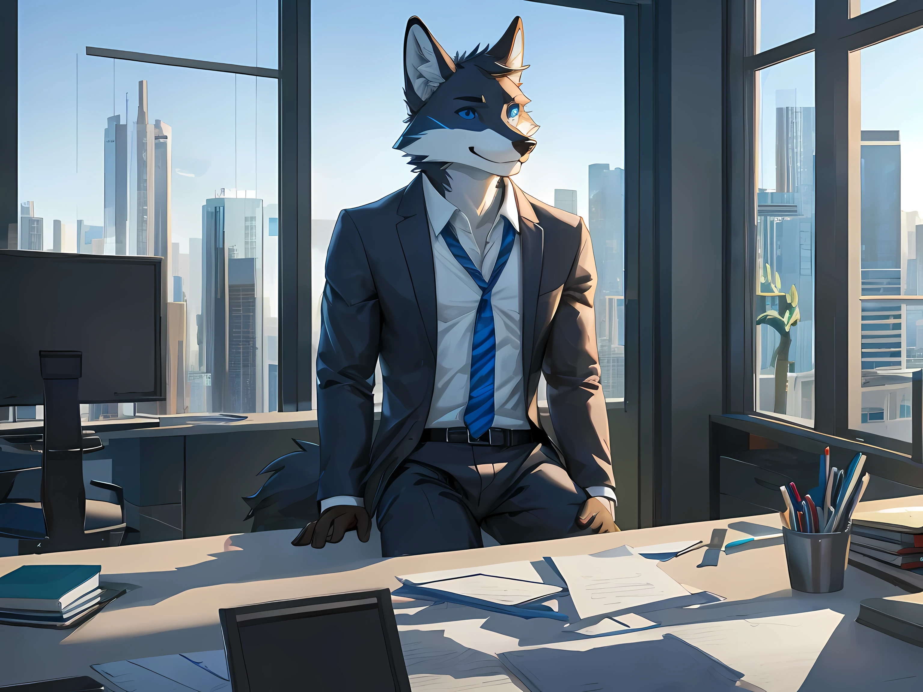 Furry,black fur fox,Male,neon blue eyes(Eye details 1.2),Those handsome faces,Wear office clothes,Take off your shirt.,Realistic anatomy,Sitting and working in a private office on a tall building.,sitting by the window,Look out the window.,Smiling faces,Maximum image detail,HDR,8K