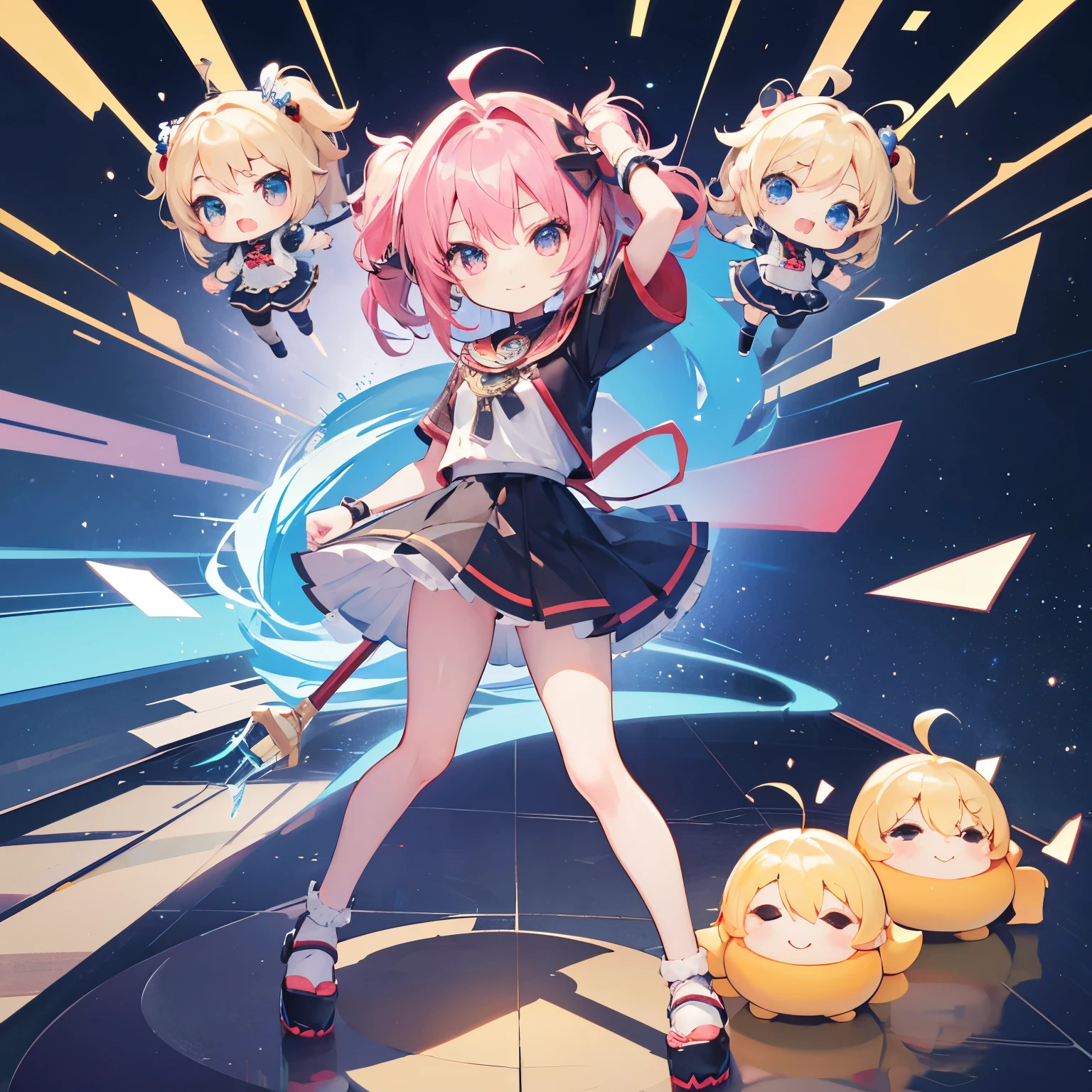 best quality, 32k, (chibi character, super deformed, full body, big head:1.5, 3D), ahoge, 4 cute idols