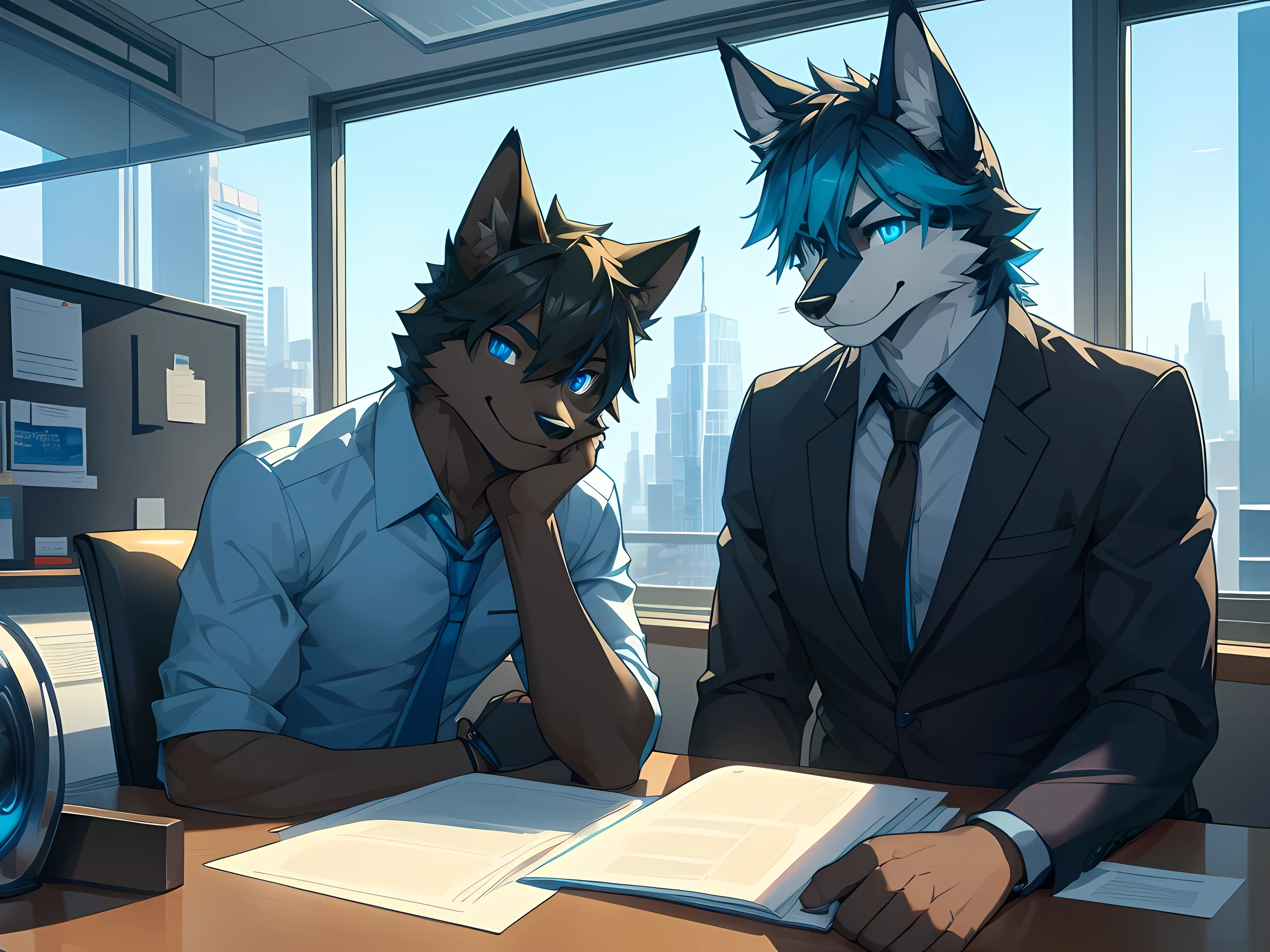Furry,black fur fox,Male,neon blue eyes(Eye details 1.2),Those handsome faces,Wear office clothes,Take off your shirt.,Realistic anatomy,Sitting and working in a private office on a tall building.,sitting by the window,Look out the window.,Smiling faces,Maximum image detail,HDR,8K