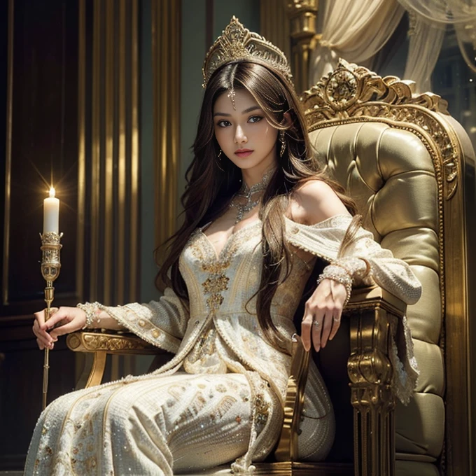 high details, best quality, 8k, [ultra detailed], masterpiece, best quality, (extremely detailed), ultra wide shot, photorealistic, a picture of a empress  wearing white dress (intricate details, Masterpiece, best quality: 1.5), holding a scepter (intricate details, Masterpiece, best quality: 1.5), wearing a crown with 12 stars (intricate details, Masterpiece, best quality: 1.5), sitting on a throne (intricate details, Masterpiece, best quality: 1.5), black hair, long hair, flowing hair, intense eyes,  dynamic light, from the front, [[12 stars in the background]], best quality, highres, ultra wide angle