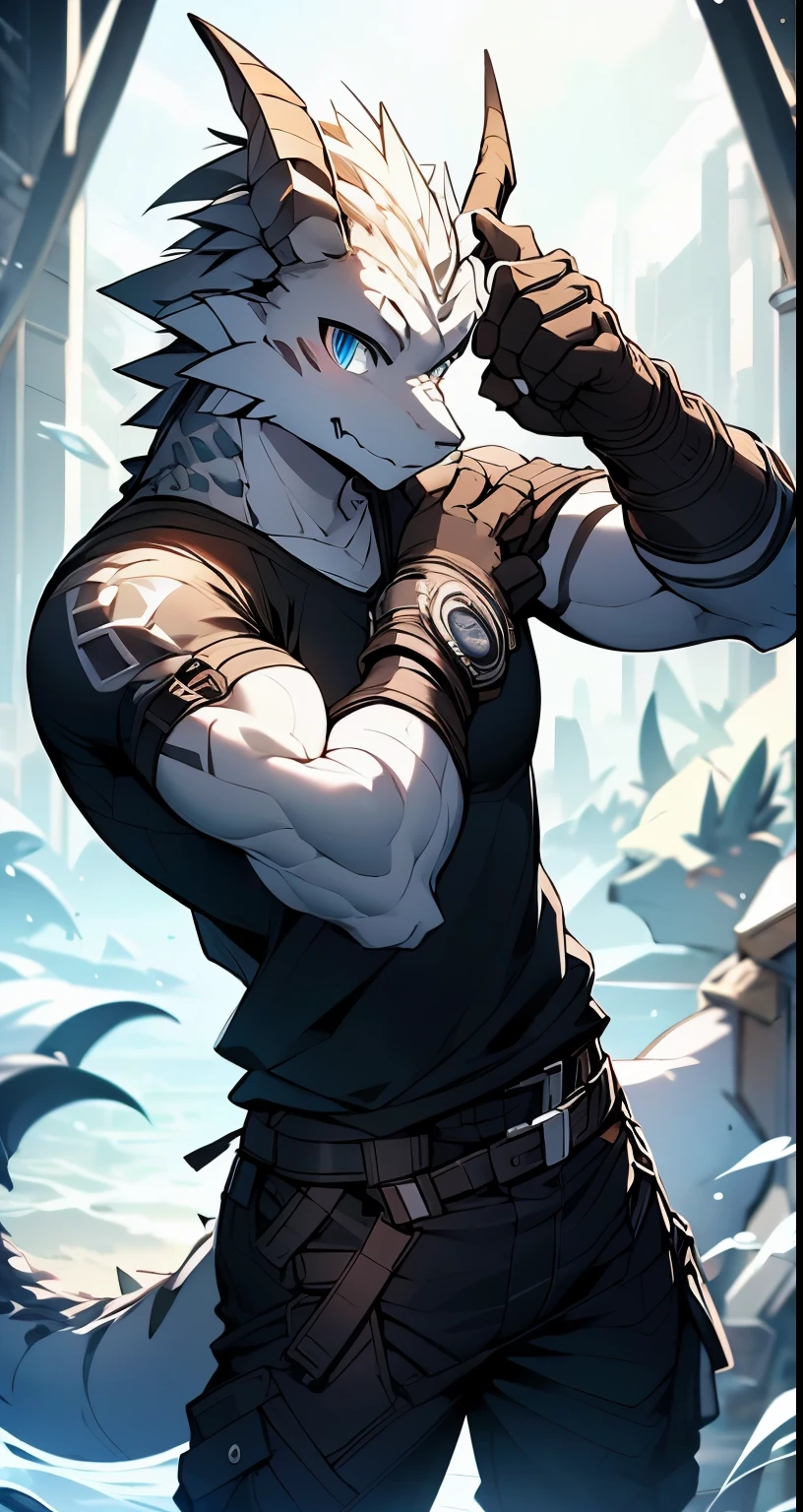 Masterpiece, Cool Pose, Furry Gray Dragon, Medium Strong Body, Blue Eyes, Grey Medium Hair, Combat Black Shirt, Combat Gloves, Combat Pants, Fierce, Good looking