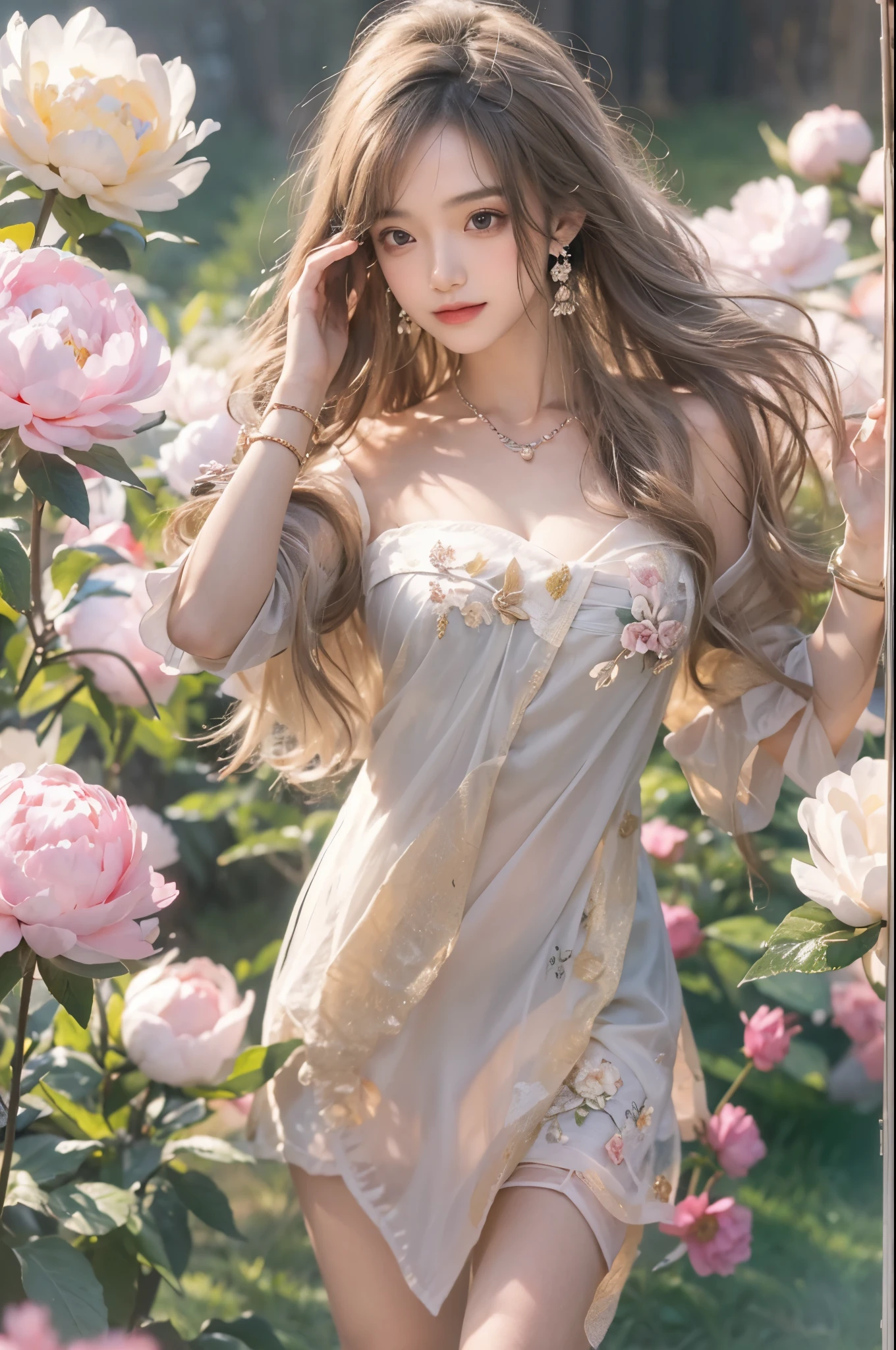 masutepiece、hight resolution、Florist clerk、30-year-old girl、１Girl clerk、Looking at the camera、smil、Finish as shown in the photo、Flowers and girls、the skin is white and beautiful、Hair is long and beautiful、inner colored、Hair should be tied back、A slender、legs are thin and beautiful
