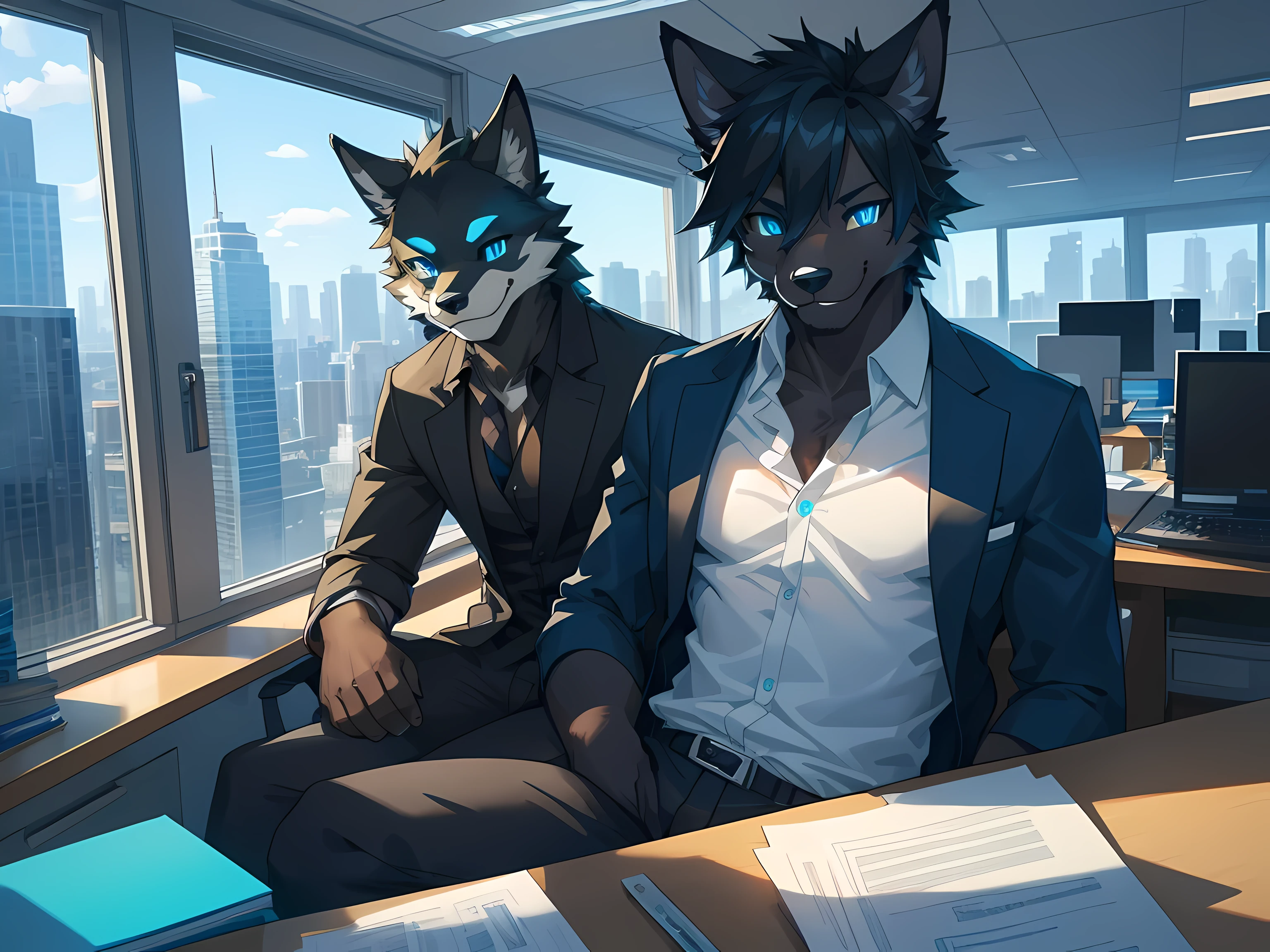 Furry,solo,black fur fox,Male,neon blue eyes(Eye details 1.2),Those handsome faces,Wear office clothes,Take off your shirt.,Realistic anatomy,Sitting and working in a private office on a tall building.,sitting by the window,Look out the window.,Smiling faces,Maximum image detail,HDR,8K