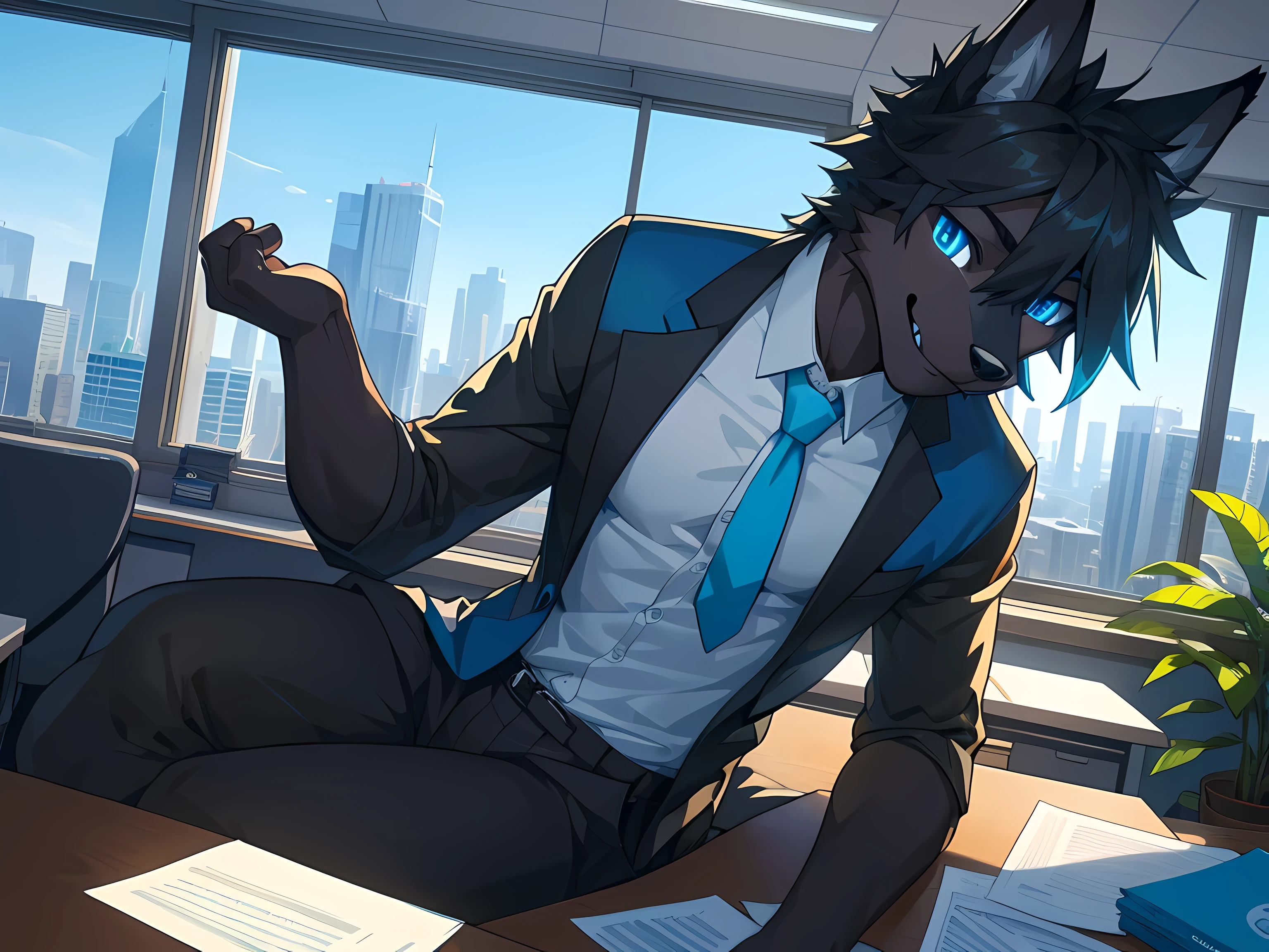 Furry,solo,black fur fox,Male,neon blue eyes(Eye details 1.2),Those handsome faces,Wear office clothes,Take off your shirt.,Realistic anatomy,Sitting and working in a private office on a tall building.,sitting by the window,Look out the window.,Smiling faces,Maximum image detail,HDR,8K