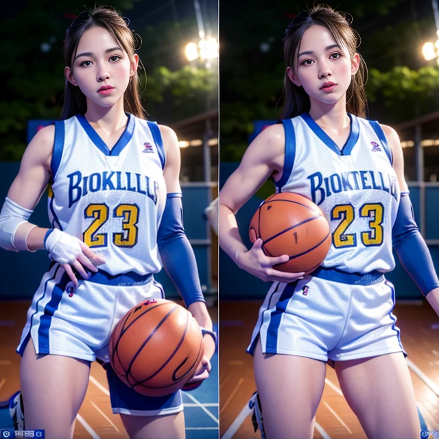 onoff,side-by-side photo,split screen,Woman playing basketball (wearing basket_uniform: 1.3), blue and yellow uniform,
Good hands, 4K, high resolution, masterpiece, top quality, head: 1.3, (((Hasselblad photo)), fine skin, sharp focus, (cinematic lighting), night, soft lighting, dynamic angle, [:( detail face: 1.2):0.2],((((inside_basketball_field)))),nipples,pussy,
