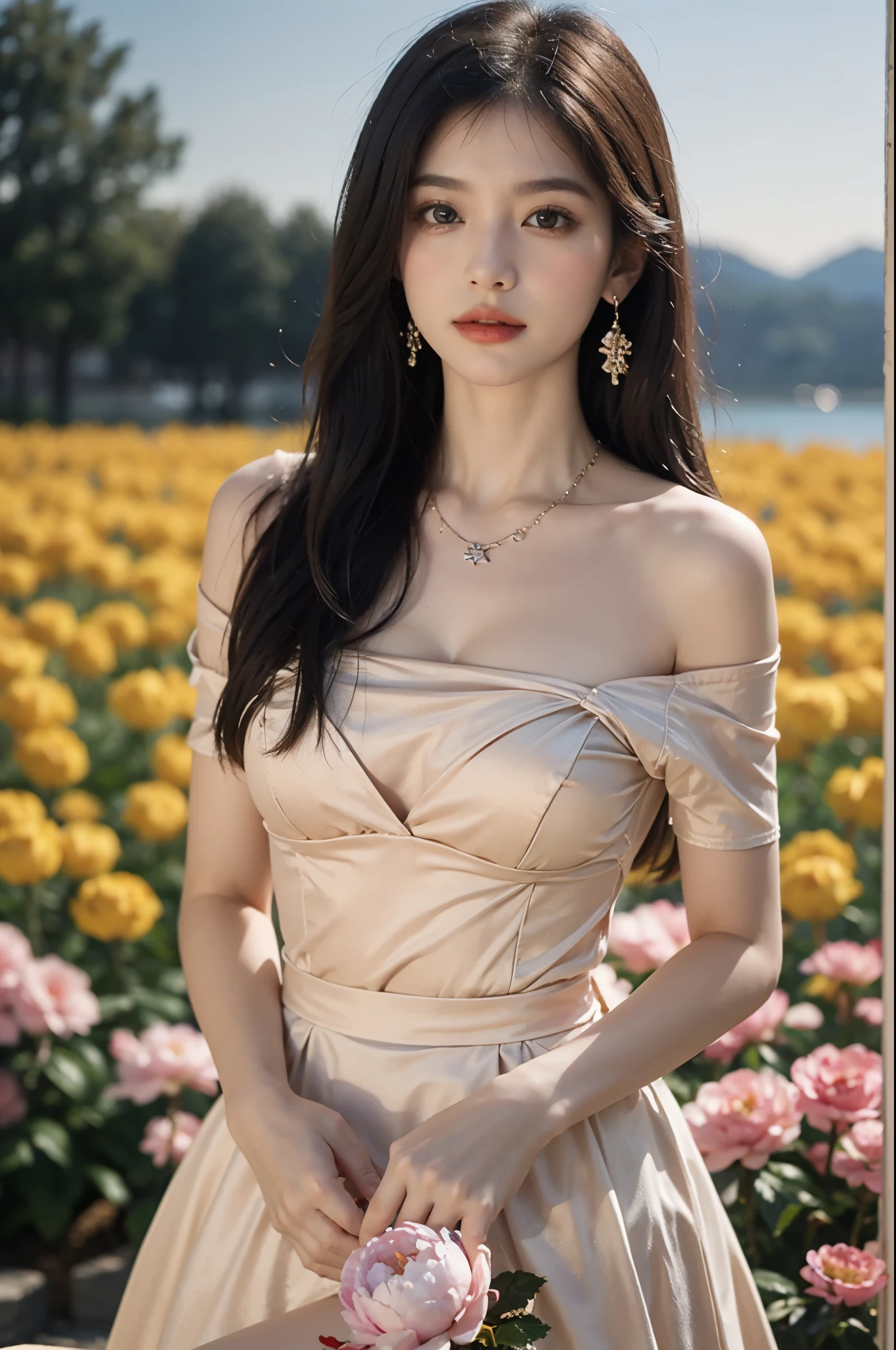 short sleeves,off shoulder, dress, ((best quality, 8k, masterpiece: 1.3)), ((knee shot)), 1 girl, 1 girl, blush, (seduct smile: 0.8),, hair accessories, necklace, Jia, Tyndall effect, actual, light edge, Two-tone lighting, 8k ultra hd, SLR camera, high quality, Volumetric lighting, sneak peek, photo, high resolution, 4K, 8k, background bokeh, gorgeous clothes, earrings, 35mm, High detail hair, broken to pieces, portrait, Ultra-clear face, (lakeside, grassland), slim and beautiful, sexy, slender legs, (long hair casual, :1.2), Gorgeous dress: 1.1, The face is super delicate, exquisite eyes, double eyelids, necklaces, earrings, light and shadow, high detail light and shadow, (flowers, peony, Rose)