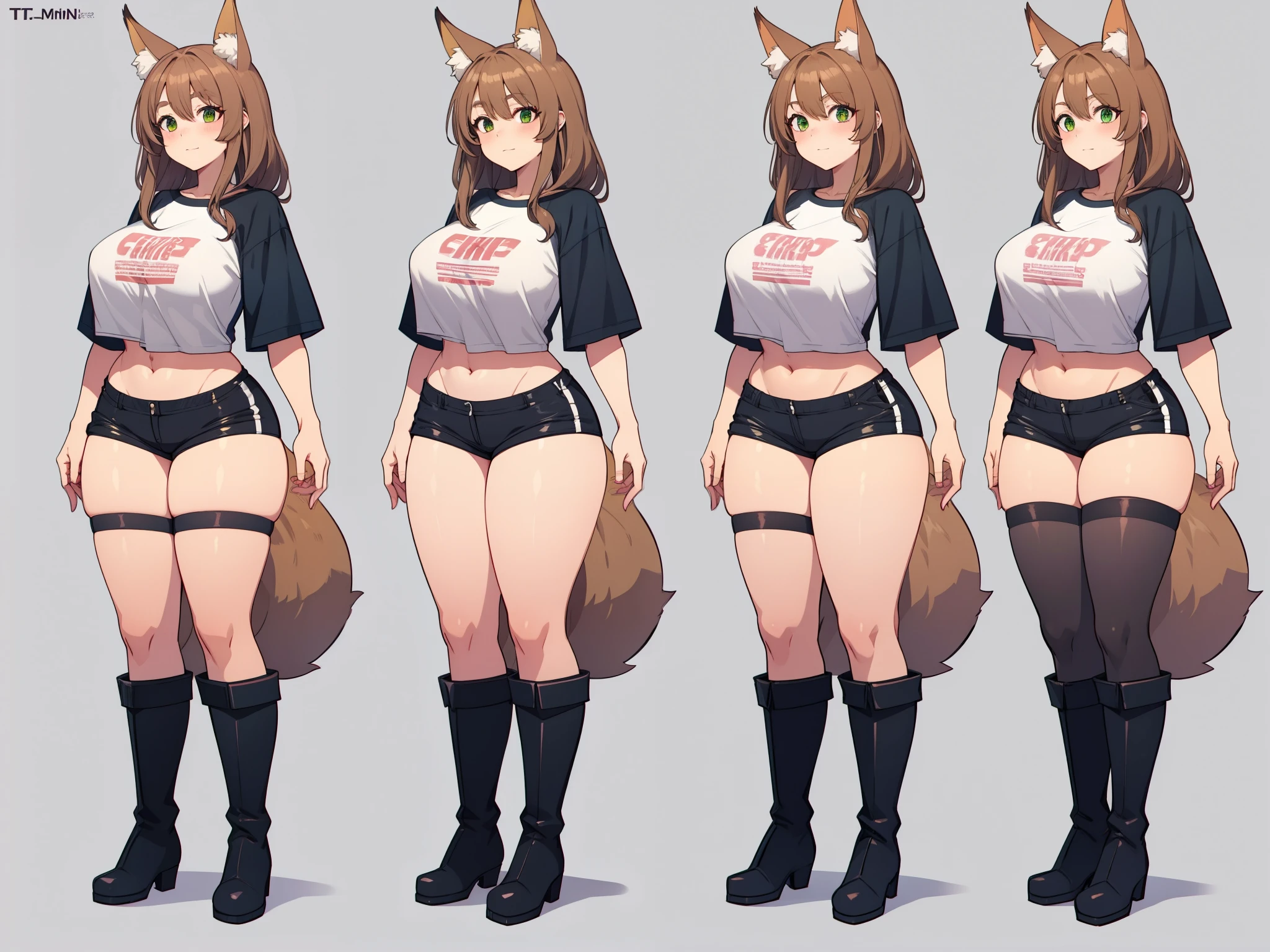 adult fox woman, two fluffy tails, giant breasts, long and muscular legs, light brown hair, green eyes, two-piece set of t-shirt and tight mini shorts, high stockings, high boots, 8k, hd, masterpiece, full body image , totally white background