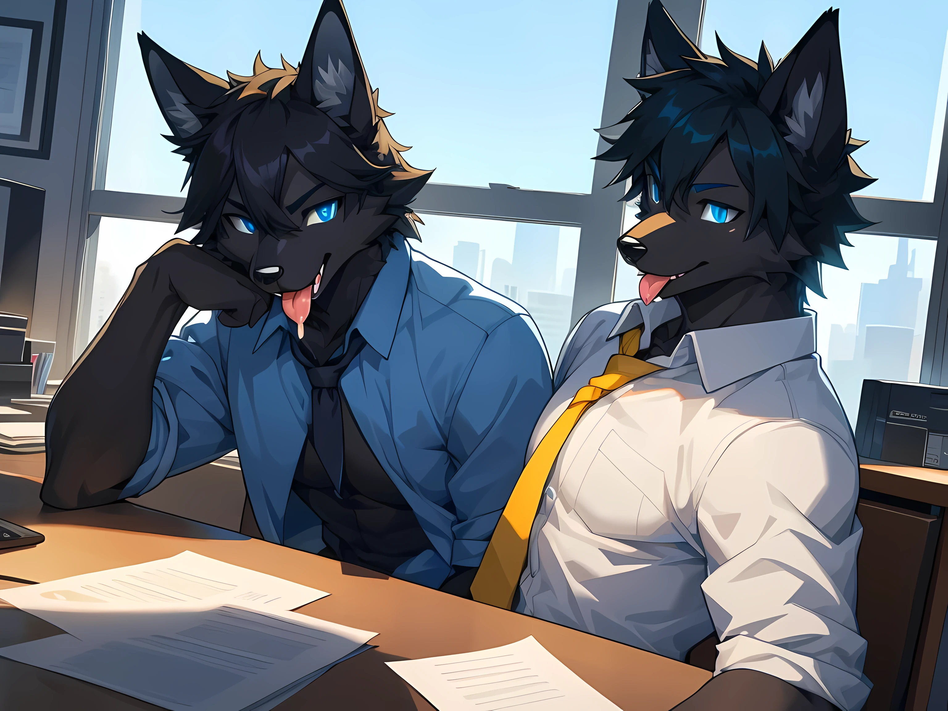 Furry,black fur fox,Male,neon blue eyes(Eye details 1.2),Those handsome faces,Wear office clothes,Take off your shirt.,Realistic anatomy,Sitting and working in a private office on a tall building.,sitting by the window,Look out the window.,Smiling faces,Maximum image detail,HDR,8K