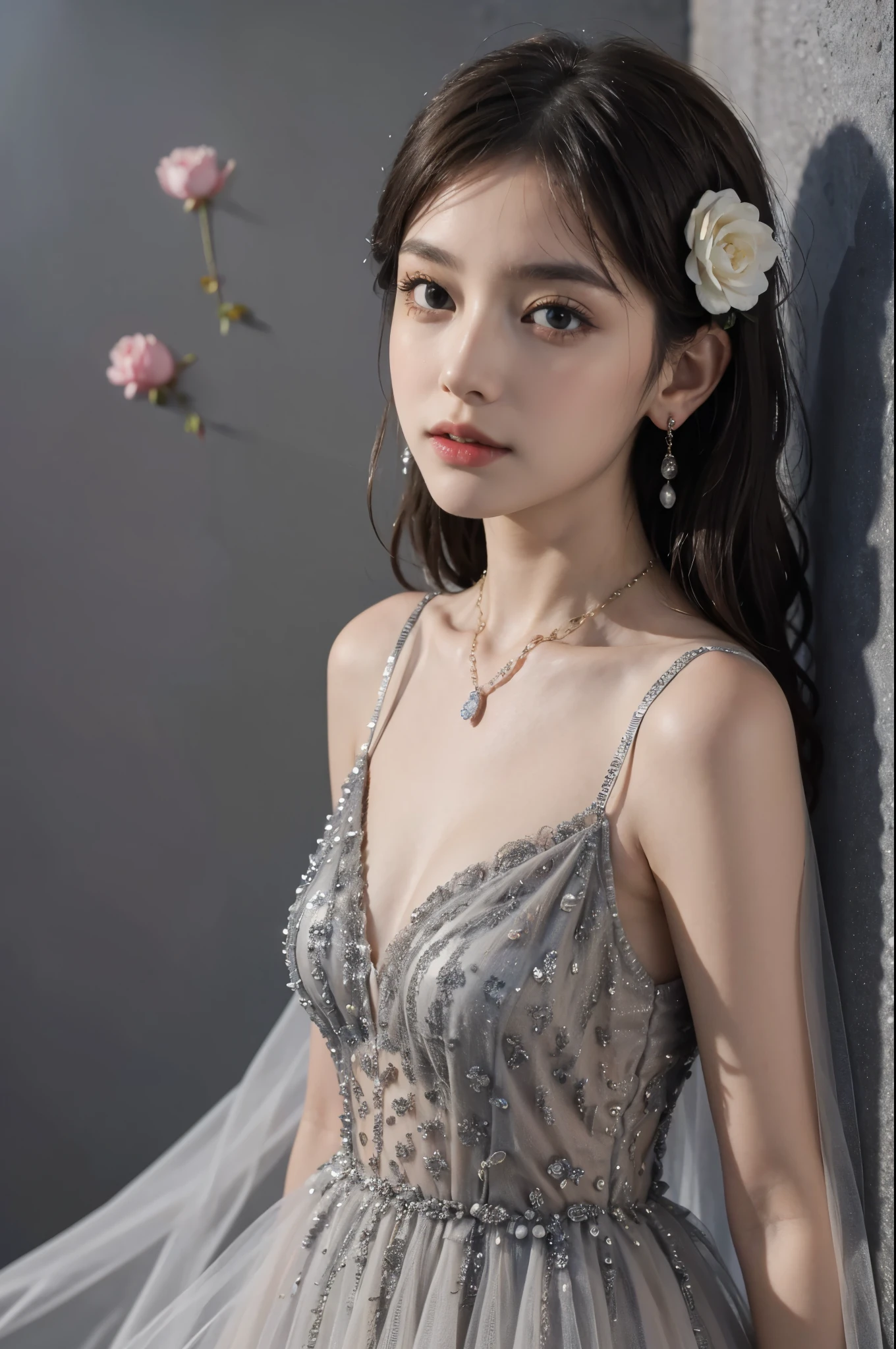 long dress,dress, ((best quality, 8k, masterpiece: 1.3)), ((knee shot)), 1 girl, 1 girl, blush, (seduct smile: 0.8),, hair accessories, necklace, Jia, Tyndall effect, actual, light edge, Two-tone lighting, 8k ultra hd, SLR camera, high quality, Volumetric lighting, sneak peek, photo, high resolution, 4K, 8k, background bokeh, gorgeous clothes, earrings, 35mm, High detail hair, broken to pieces, portrait, Ultra-clear face, (lakeside, grassland), slim and beautiful, sexy, slender legs, (long hair casual, :1.2), Gorgeous dress: 1.1, The face is super delicate, exquisite eyes, double eyelids, necklaces, earrings, light and shadow, high detail light and shadow, (flowers, peony, Rose)