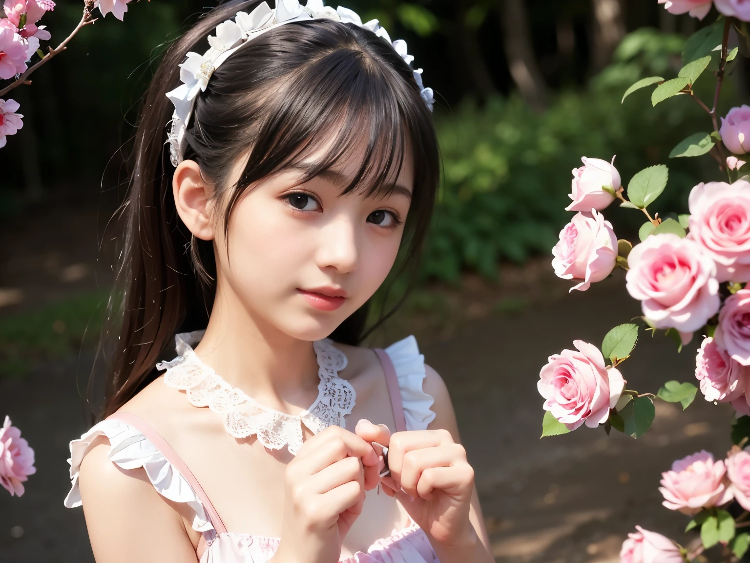 1 Nogizaka Musume、very cute、beautiful girl、19 years old、(pink gothic lolita fashion)、beautiful face, Exquisite details of eyes and skin、fine black shiny hair、Classy ruffles、frilled tie、ribbon tie、rose hair accessories、(smile at the camera)、(cowboy shot)、(sea of europe)、professional lighting、break、(realistic、Photoreal:1.37)、8K、(masterpiece)、(highest quality:1.4)、(Super high resolution:1.2)、 (Raw photo:1.2)、(delicate lace、soft fabric、beautiful rose pattern dress)、perfect anatomy、4 fingers and 1 thumb、seaside background、(Wallpaper by Unity 8K)