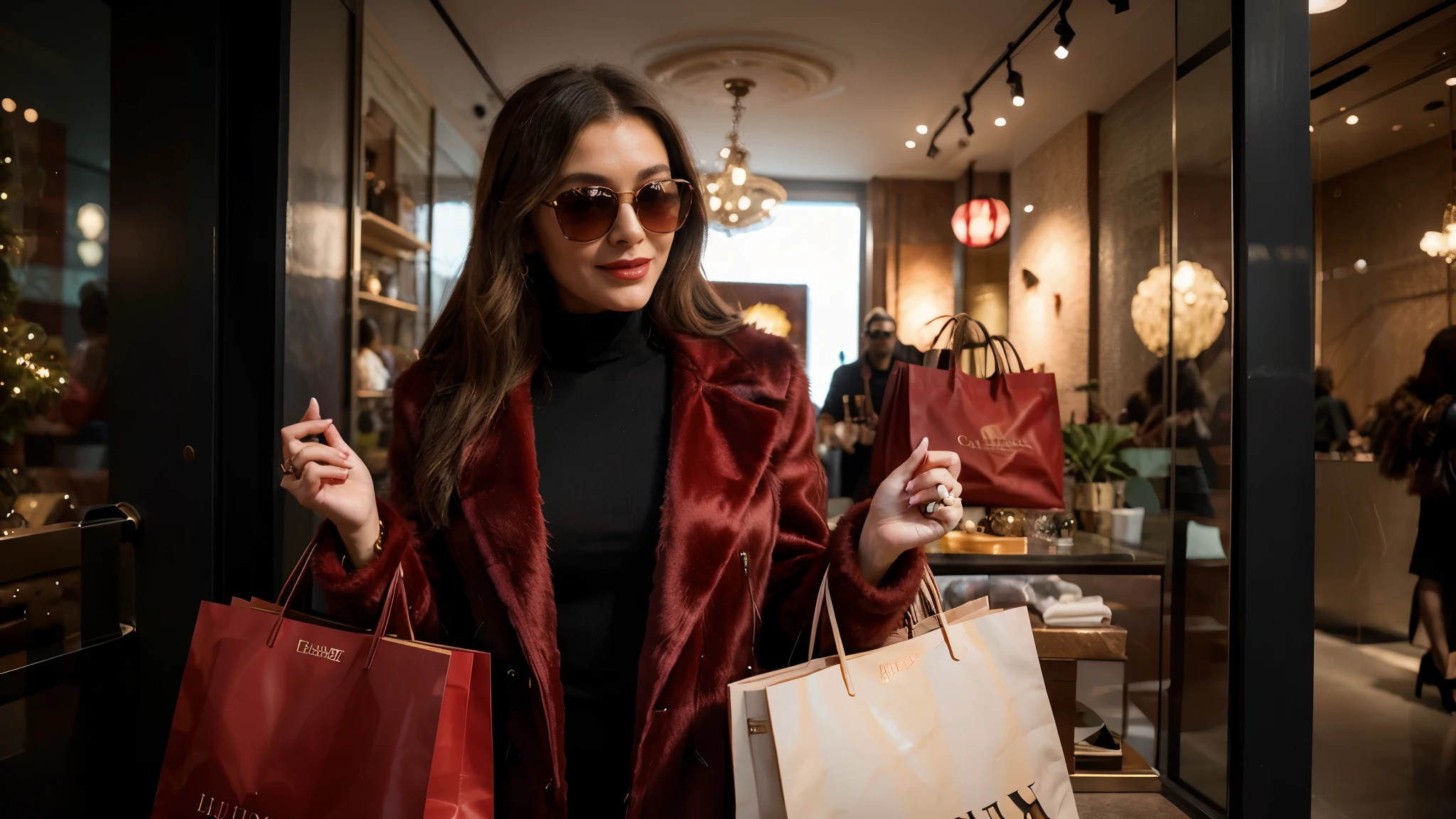 a very rich wealthy woman who is wearing a red fur coat and sunglasses is very very happy after finishing her shopping in luxury boutique. Lots of shopping bags on both of her hands, ultra realistic, 4k, highly detailed.