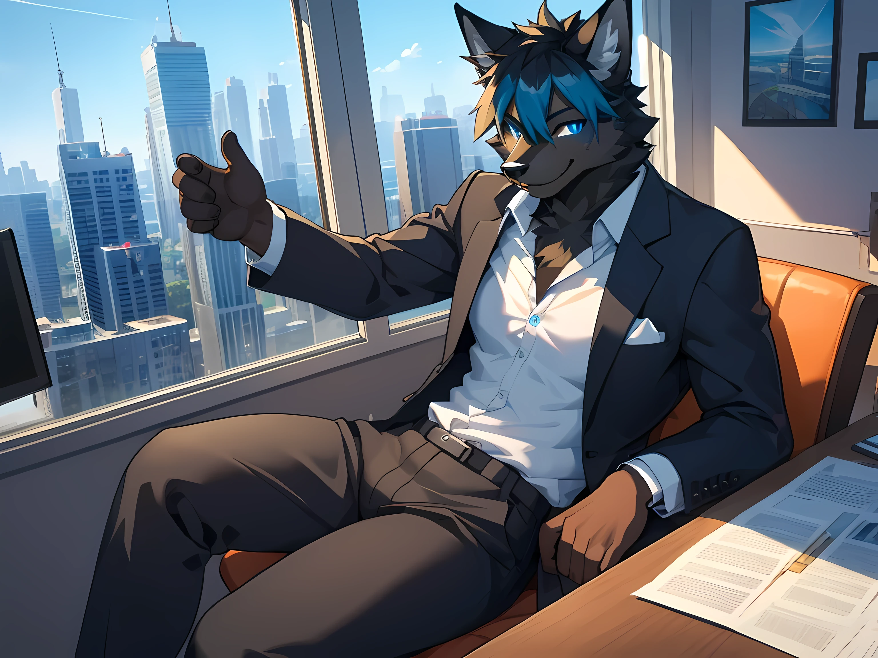 Furry,solo,black fur fox,Male,neon blue eyes(Eye details 1.2),Those handsome faces,Wear office clothes,Take off your shirt.,correct anatomy,realistic anatomy,Sitting and working in a private office on a tall building.,sitting by the window,Look out the window.,Smiling faces(Smiling in a sexually seductive manner),Maximum image detail,HDR,8K