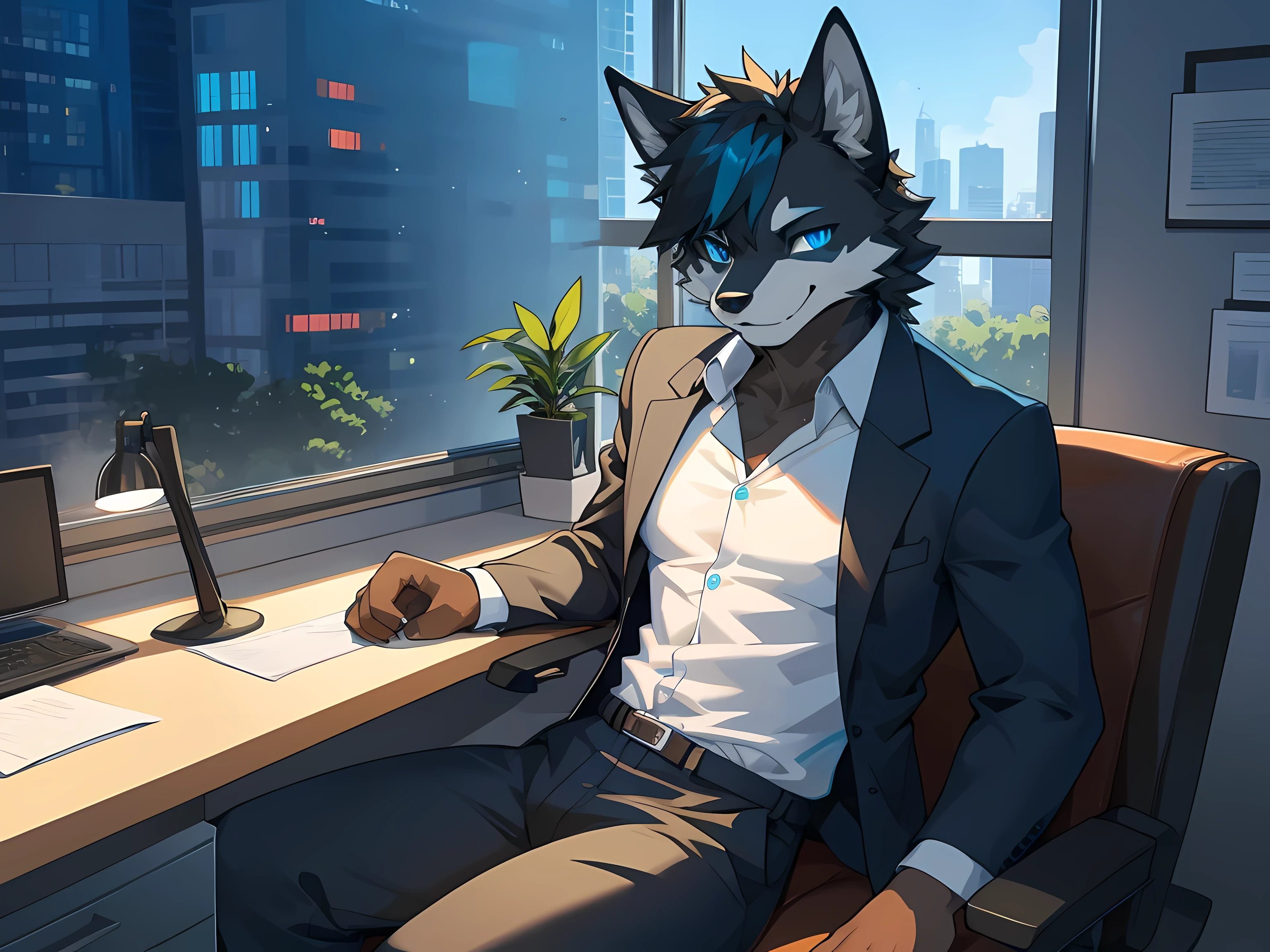 Furry,solo,black fur fox,Male,neon blue eyes(Eye details 1.2),Those handsome faces,Wear office clothes,Take off your shirt.,correct anatomy,realistic anatomy,Sitting and working in a private office on a tall building.,sitting by the window,Look out the window.,Smiling faces(Smiling in a sexually seductive manner),Maximum image detail,HDR,8K