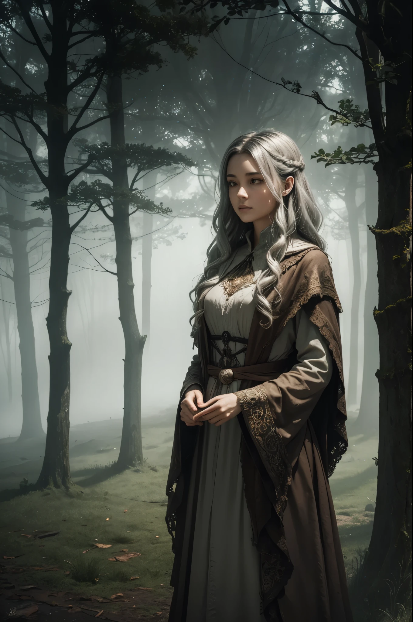 holding a lantern, surrounded by fog and mist. The lantern emits a soft, warm glow, casting long shadows on the ground. The woman's face is wrinkled and weathered, with wise and kind eyes. She is wearing a tattered cloak that billows in the wind, revealing glimpses of colorful garments underneath. In her hand, she holds a worn and ancient-looking key. The key is intricately carved with symbols and has a dusty, bronze color. The woman's hair is silver, cascading down her back in loose waves. There is a sense of mystery and power emanating from her presence. ((The eerie place)) where she stands is filled with twisted and gnarled trees, their branches reaching out like skeletal fingers. The ground is covered in dewy grass, adding to the ethereal atmosphere. The fog and mist create an otherworldly ambiance, obscuring the surrounding landscape in a soft, muted palette. The only sound is the hoot of an owl in the distance, adding to the haunting aura of the scene. The lighting in the scene is dim and moody, with the lantern providing the main source of illumination. The warm glow from the lantern contrasts with the cool tones of the fog, creating a captivating interplay of light and shadow. The overall image is exquisitely detailed, with fine textures and intricate patterns. The colors are rich and vibrant, with a touch of surrealism that adds to the sense of otherworldliness. This prompt is best suited for creating a masterful, high-resolution artwork that captures the enigmatic beauty of the old woman and the eerie place she inhabits.
