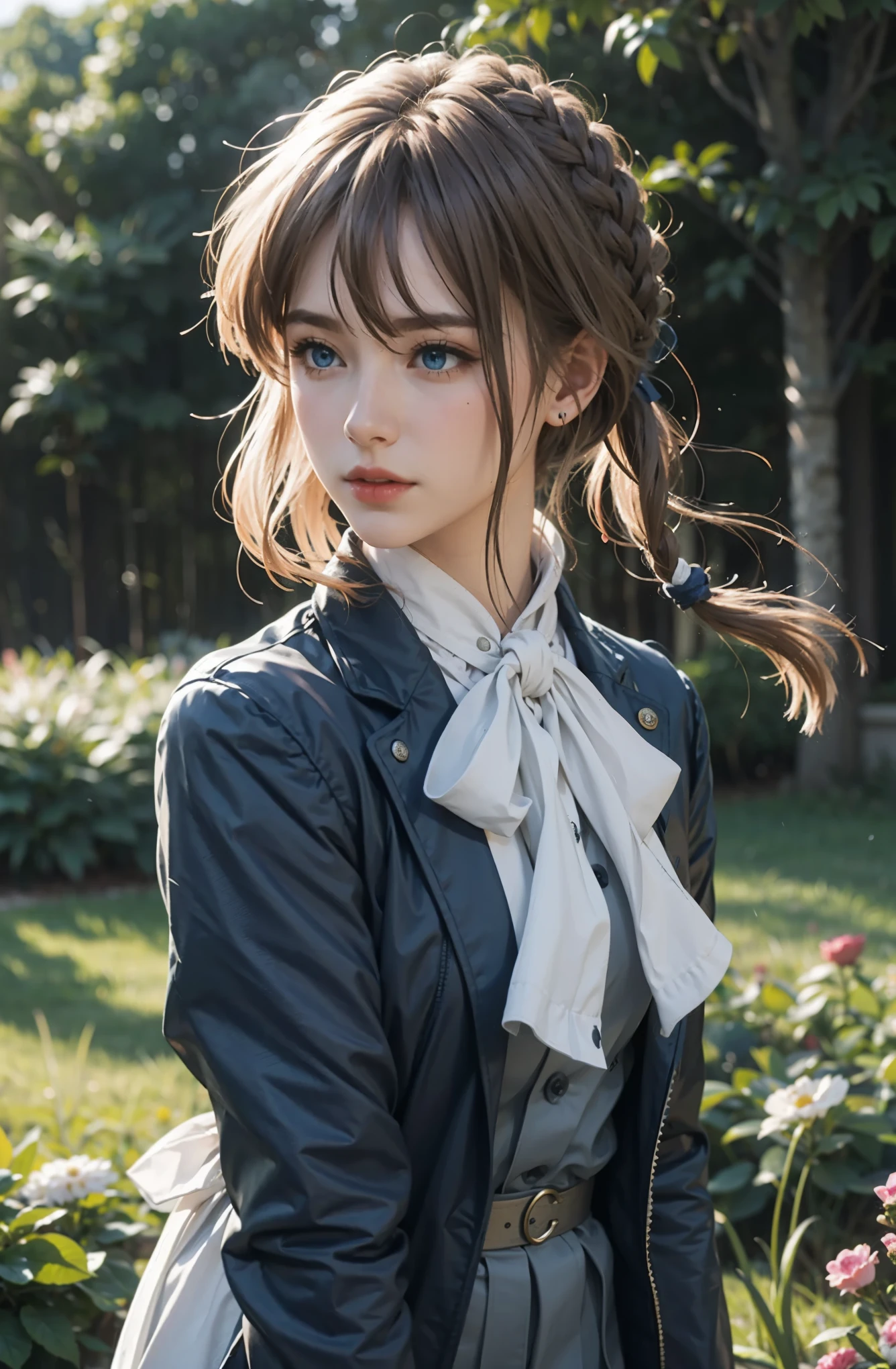 purple, 1 girl, alone, looking at the audience, blue eyes, blonde hair, ribbon, hair between eyes, jewelry, close your mouth, jacket, hair ribbon, Upper body, braid, outdoor, Sky空, Sky, cloud, vague, red ribbon, blue Sky空, ascot, vague background, hair intake, blue jacket, brooch, white ascot, masterpiece
