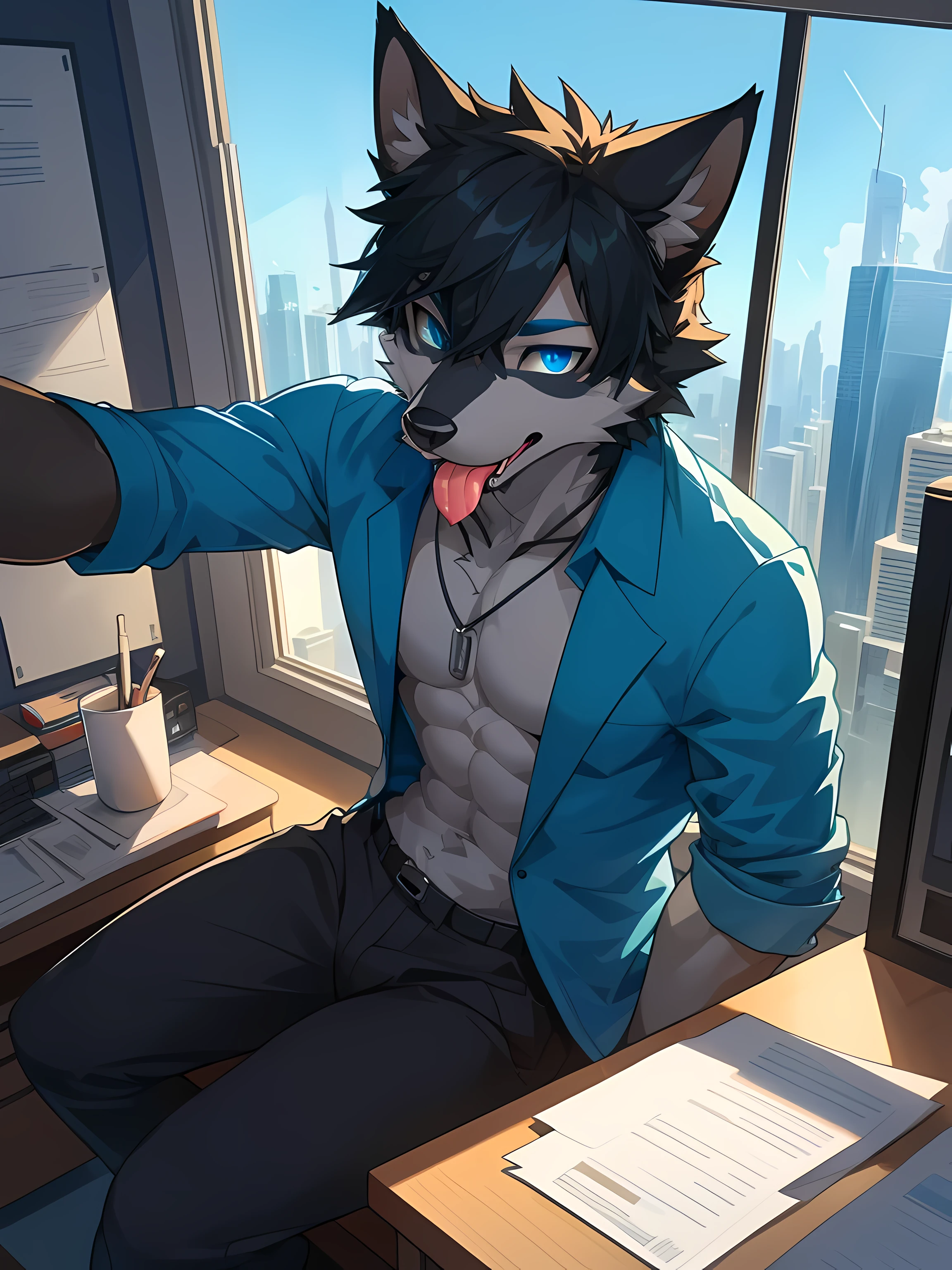 Furry,solo,black fur fox,Male,neon blue eyes(Eye details 1.2),Those handsome faces,Wear office clothes,Take off your shirt.,Realistic anatomy,Sitting and working in a private office on a tall building.,sitting by the window,Look out the window.,Stick your tongue out.(Sexually seductive nature),There are saliva stains on the tongue 1.2,Selfie,Maximum image detail,HDR,8K
