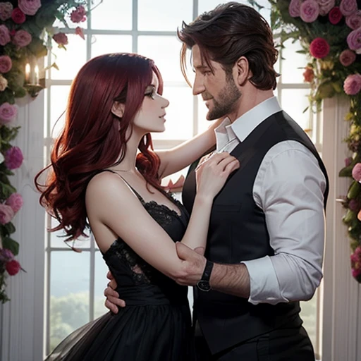 Susan coffey tiene el cabello largo color rojo y Gerard Butler tiene el cabello negro muy largo, bailando juntos, pareja,  petalos caen del cielo, flores a sus pies, hojas de haya y gotas de rocio. Magia, romance, 