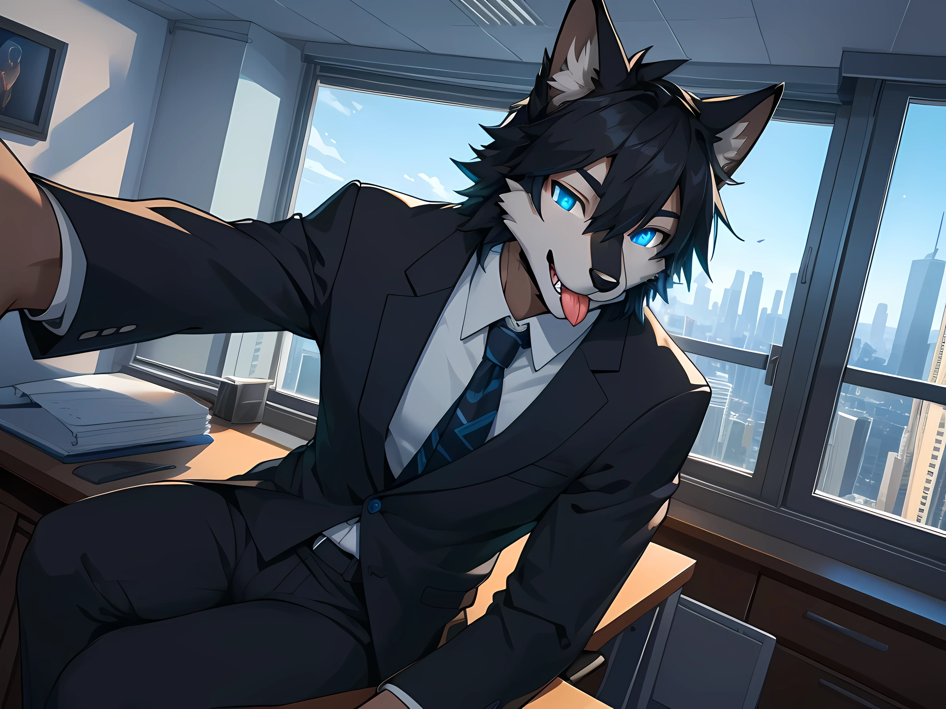 Furry,solo,black fur fox,Male,neon blue eyes(Eye details 1.2),Those handsome faces,Wear an office suit,Realistic anatomy,Sitting and working in a private office on a tall building.,sitting by the window,Look out the window.,Stick your tongue out.(Sexually seductive nature),There are saliva stains on the tongue 1.2,Selfie,Maximum image detail,HDR,8K