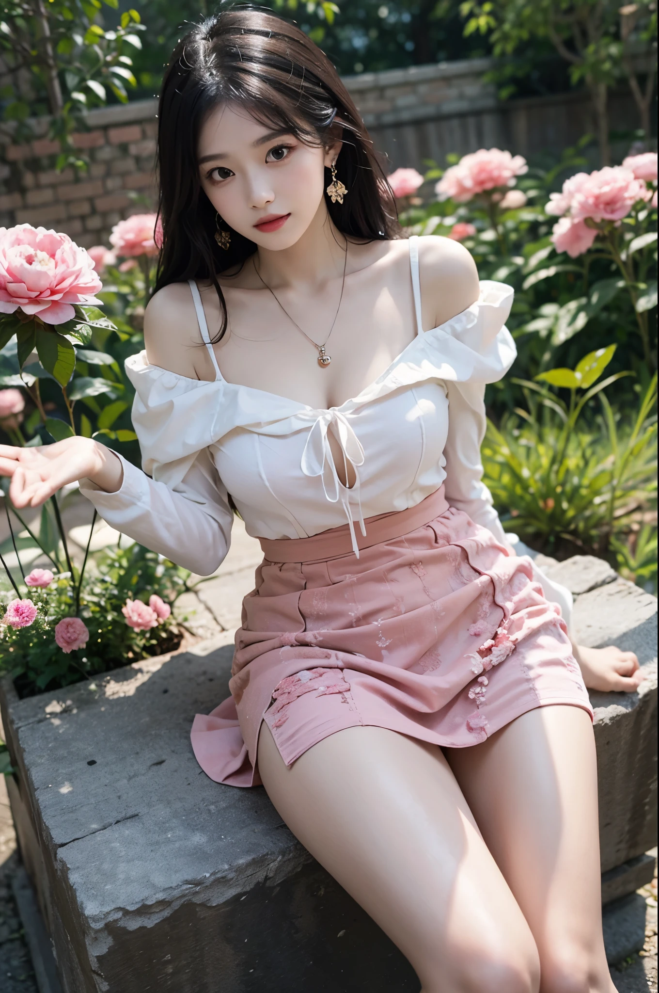 Sweet girl clothes5,high-waist skirt,jewelry,thighhighs, ((best quality, 8k, masterpiece: 1.3)), ((knee shot)), sexy的亚洲女模特, blush, (seduct smile: 0.8), hair accessories, necklace, Jia, Tyndall effect, actual, light edge, Two-tone lighting, 8k ultra hd, SLR camera, high quality, Volumetric lighting, sneak peek, photo, high resolution, 4K, 8k, background bokeh, earrings, 35mm, High detail hair, broken to pieces, portrait, Ultra-clear face, (lakeside, grassland), slim and beautiful, sexy, slender legs, (long hair casual, :1.2),  The face is super delicate, exquisite eyes, double eyelids, necklaces, earrings, light and shadow, high detail light and shadow, (flowers, peony, Rose)