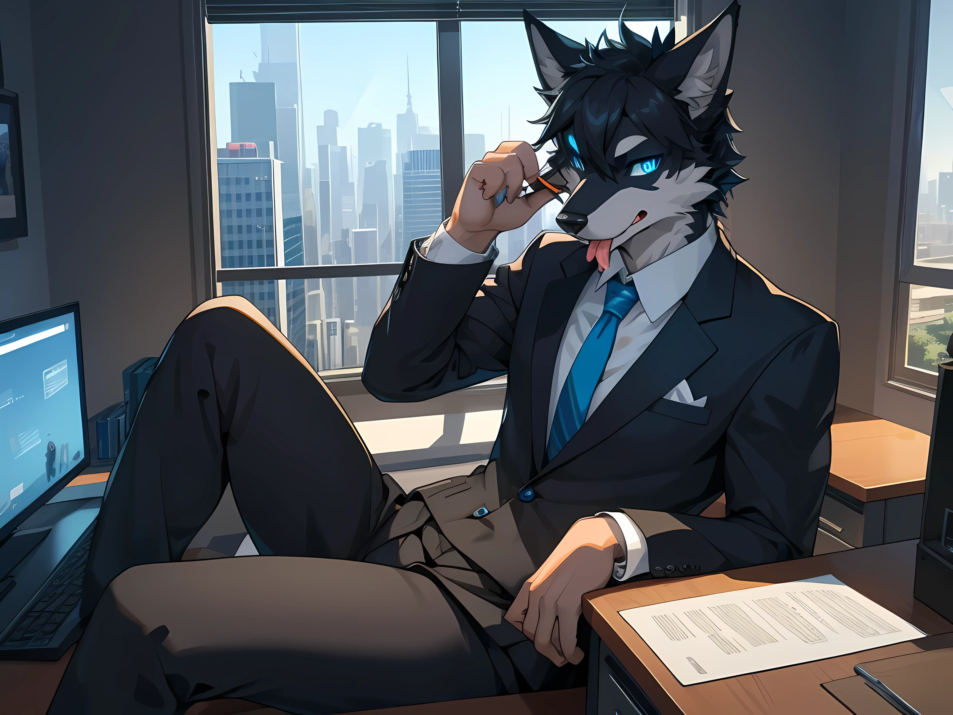 furry,alone,black fur fox,man,neon blue eyes(Eye details 1.2),Those handsome faces,wear office clothes,Realistic anatomy,Sitting and working in a private office on a high rise building..,Sit by the window,Look out the window..,Stick out your tongue 1.2(1. Characteristics of sexual seduction.2),The penis becomes erect..(ลักษณะอวัยวะเพศmanที่สมจริงด้วยขนาดที่ใหญ่),The penis protrudes from the crotch of the pants..,There are saliva stains on the tongue 1.2,Maximum image detail,HDR,8ก