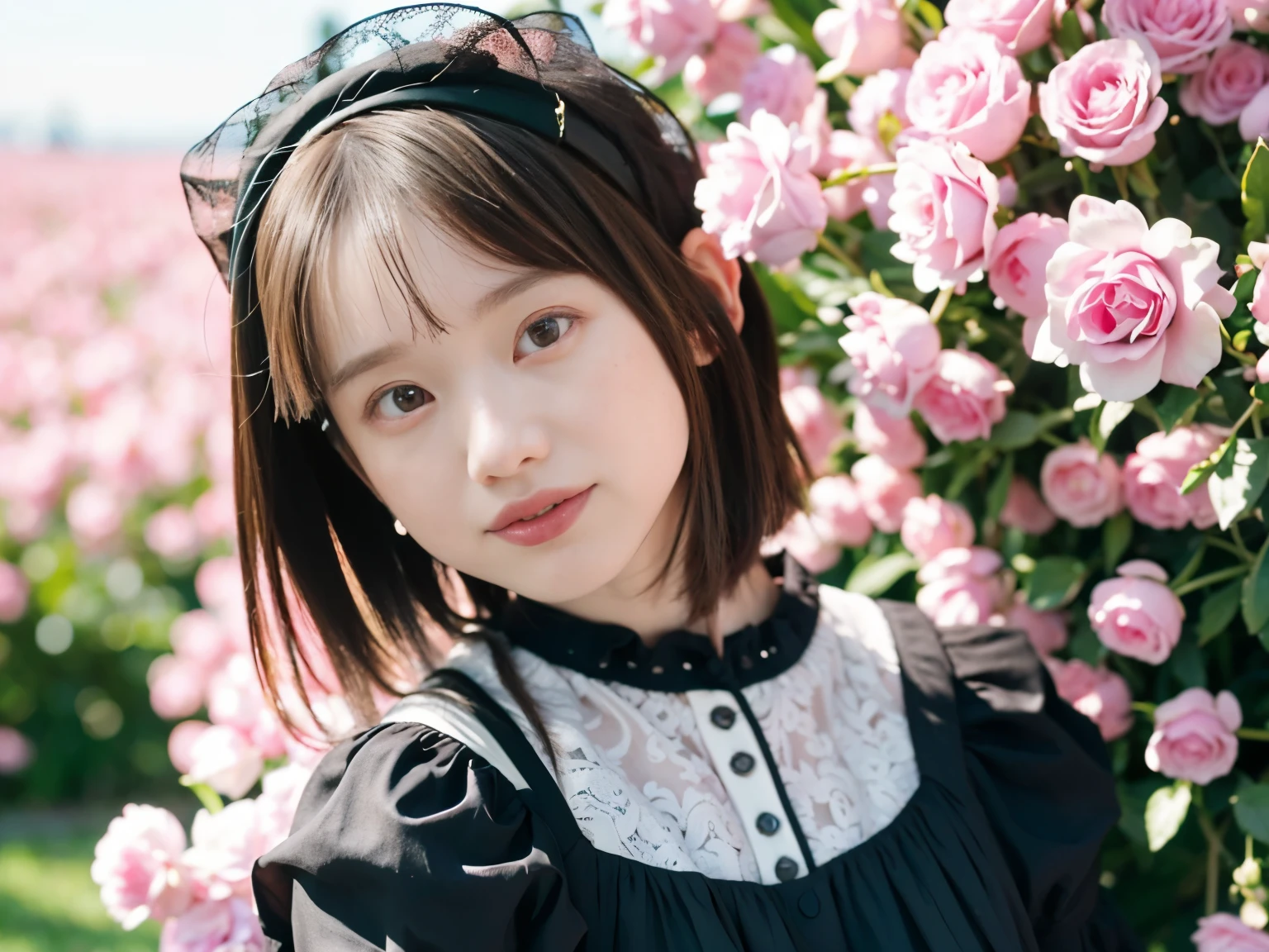 1 Nogizaka Musume、very cute、beautiful girl、19 years old、(pink gothic ta fashion)、beautiful face, Exquisite details of eyes and skin、fine black shiny hair、Classy ruffles、frilled tie、ribbon tie、rose hair accessories、(smile at the camera)、(cowboy shot)、(sea of europe)、professional lighting、break、(realistic、Photoreal:1.37)、8K、(masterpiece)、(highest quality:1.4)、(Super high resolution:1.2)、 (Raw photo:1.2)、(delicate lace、soft fabric、beautiful rose pattern dress)、perfect anatomy、4 fingers and 1 thumb、seaside background、(Wallpaper by Unity 8K)