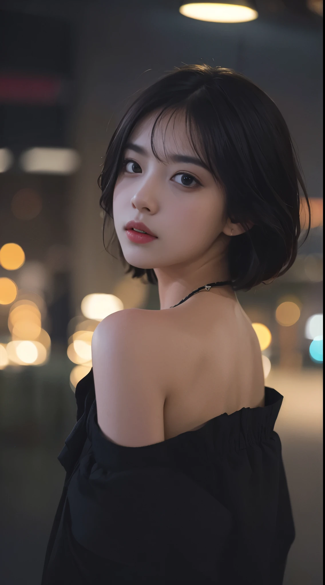 best quality, masterpiece, ultra high resolution, (realistically:1.5), RAW photos, 1 girl, bshoulder, in the dark night, deep shadow, low pitch, cold light,Short hair details