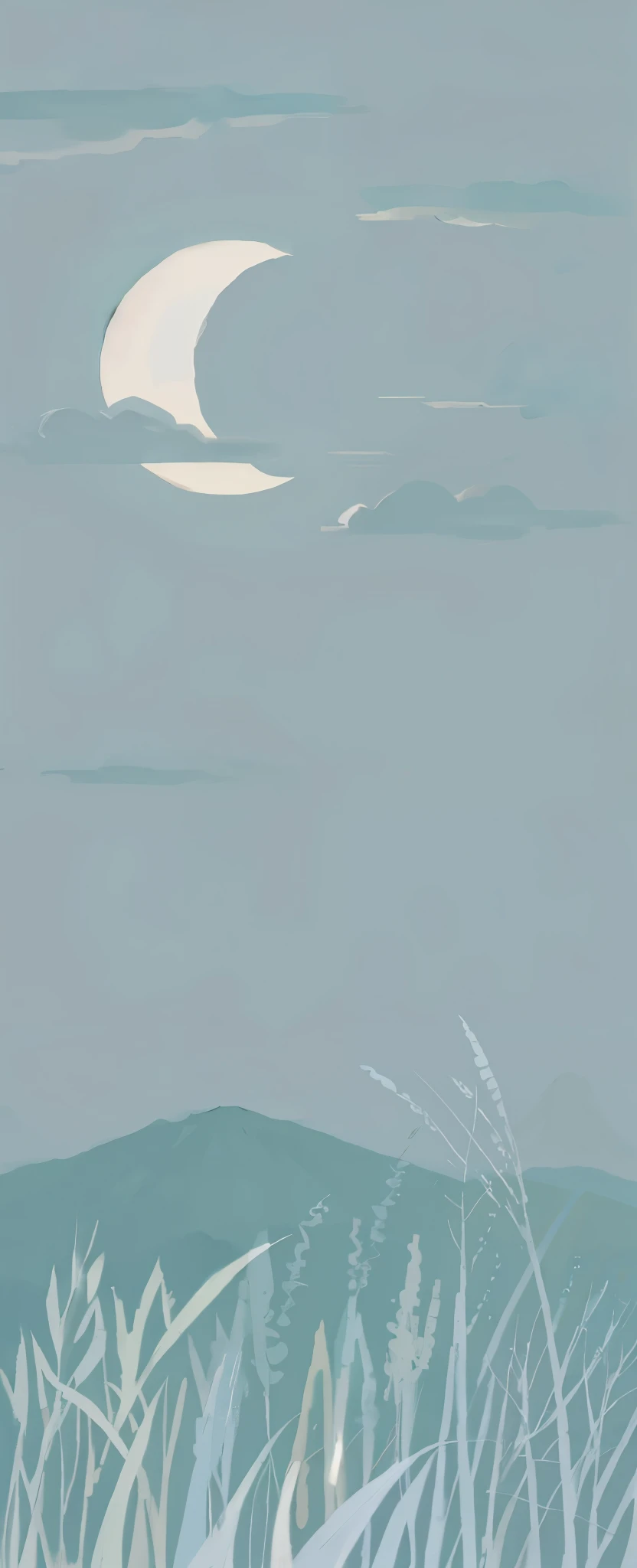 night sky landscape painting、one crescent moon、cloud、muste piece、Japanese silver grass、distant mountain
