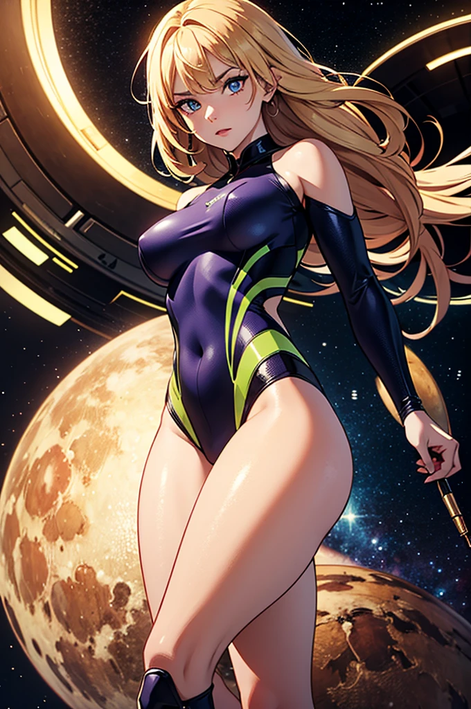 (best quality,4k,8k,highres,masterpiece:1.2),ultra-detailed,anime girl fantasy,sci-fi,space suit,big,front view,solo photo,thick hair,thick thighs,standing,thick legs,colorful,powerful lighting,deeper shadows,sharp focus,detailed facial features,sparkling eyes,stylish outfit,vibrant colors,background with celestial elements.