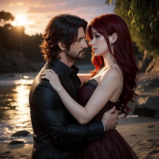 Susan coffey tiene el cabello largo color rojo y Gerard Butler tiene el cabello negro muy largo, bailando juntos, pareja, petalos caen del cielo, flores a sus pies, hojas de haya y gotas de rocio. Magia, romance,