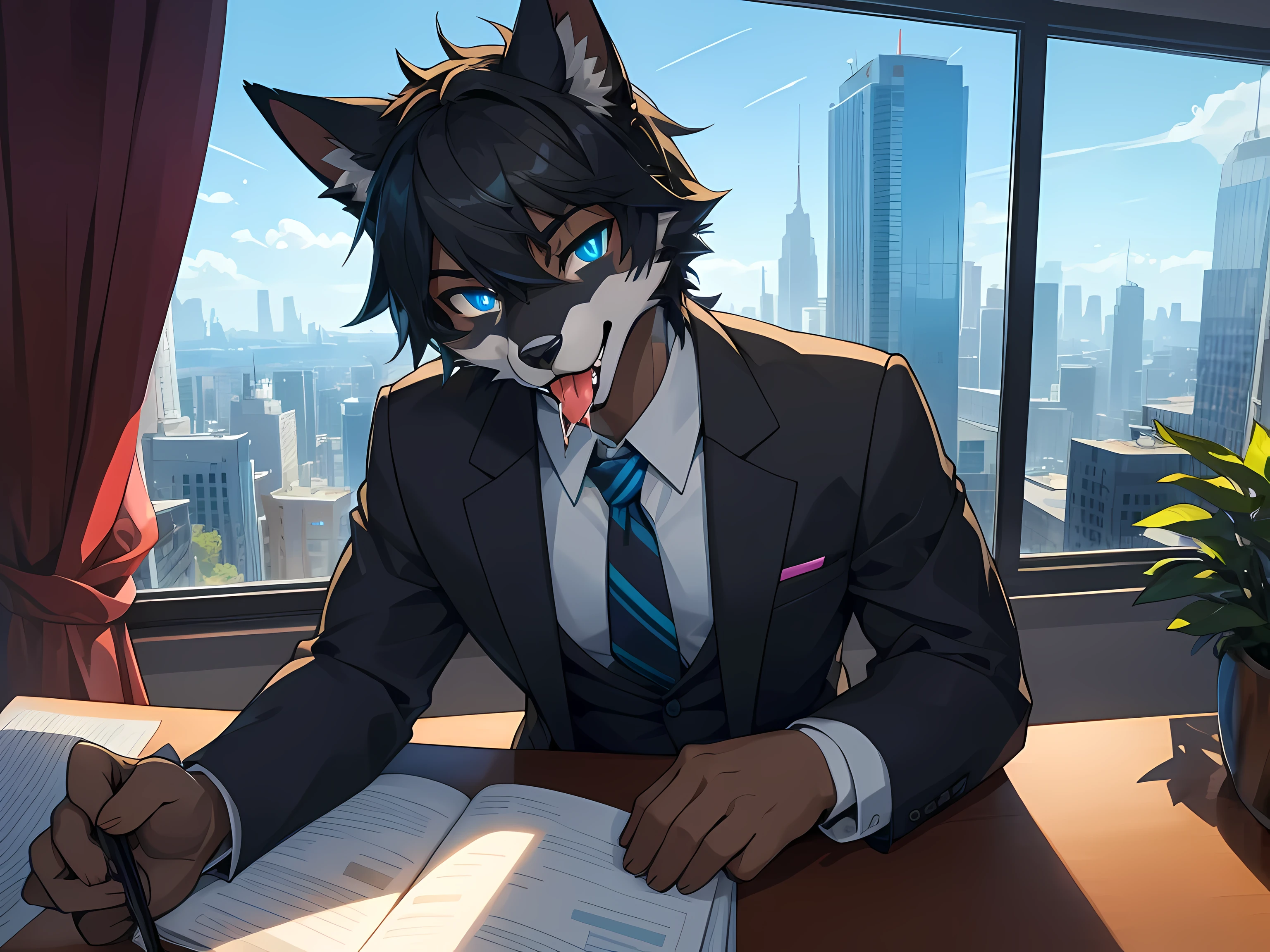 Furry,solo,black fur fox,Male,neon blue eyes(Eye details 1.2),Those handsome faces,Wear an office suit,Realistic anatomy,Sitting and working in a private office on a tall building.,sitting by the window,Look out the window.,Stick your tongue out.(Sexually seductive nature),There are saliva stains on the tongue 1.2,Selfie,Maximum image detail,HDR,8K