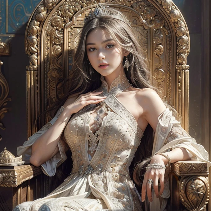 high details, best quality, 8k, [ultra detailed], masterpiece, best quality, (extremely detailed), ultra wide shot, photorealistic, a picture of a empress  wearing white dress (intricate details, Masterpiece, best quality: 1.5), holding a scepter (intricate details, Masterpiece, best quality: 1.5), wearing a crown with 12 stars (intricate details, Masterpiece, best quality: 1.5), sitting on a throne (intricate details, Masterpiece, best quality: 1.5), silver hair, long hair, flowing hair, intense eyes,  dynamic light, from the front, [[12 stars in the background]], best quality, highres, ultra wide angle